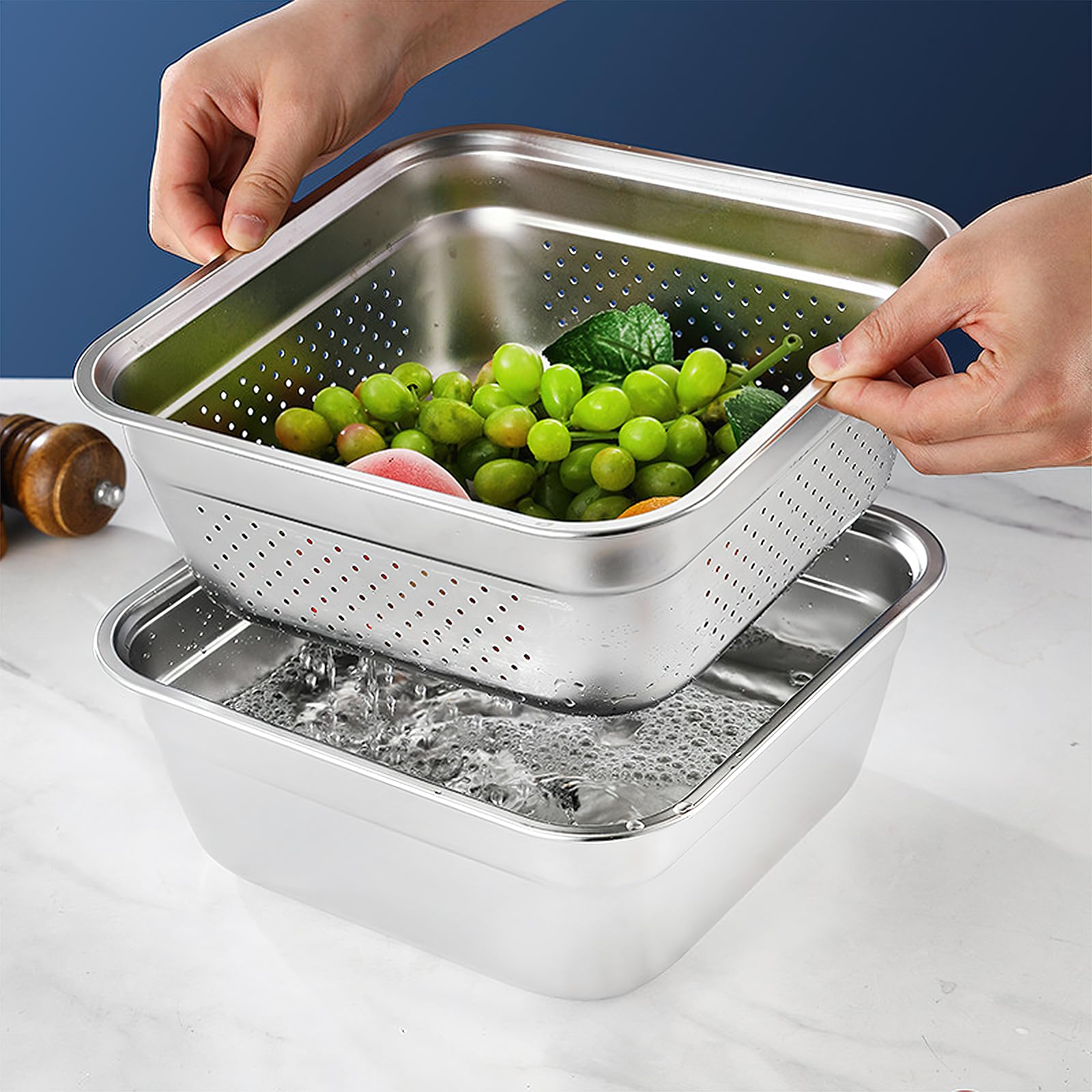 Set di ciotole 2 in 1 in acciaio inossidabile, 32,5 cm, robusta vasca quadrata con scolapasta, lavabo per frutta e verdura, per lavello, padella per scolare riso, pasta, colino per alimenti