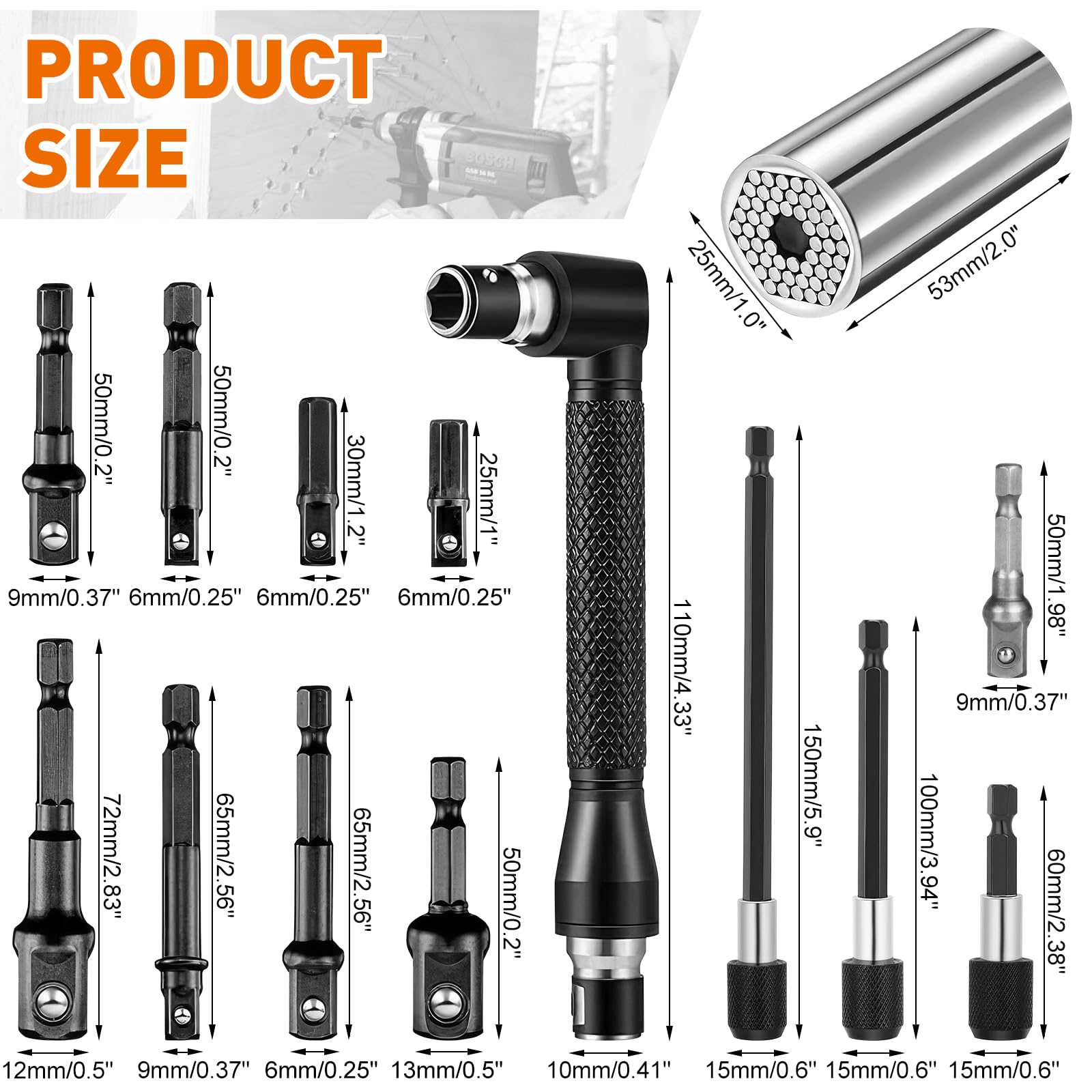 31 Pezzi Prolunga Flessibile per Punte da Trapano, Adattatore per Trapano ad Angolo Retto a 105 Gradi, 1/4" 3/8" 1/2" Adattatore Esagonale, Prolunga Flessibile Drill Bit Holder