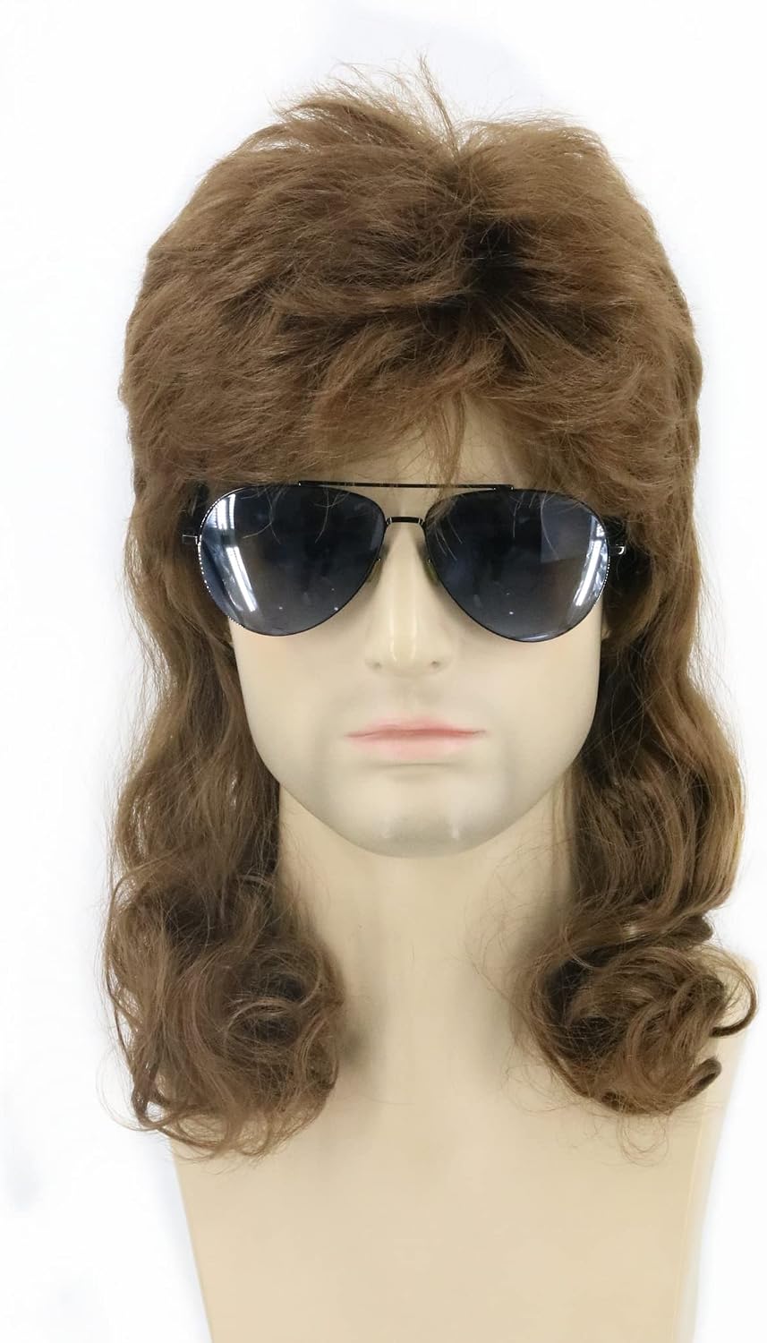 Topcosplay 80s Wig for Men Women Mullet Halloween Costume Rocker Wig Blonde Curly Shaggy Afro, Brown-Curly Wig