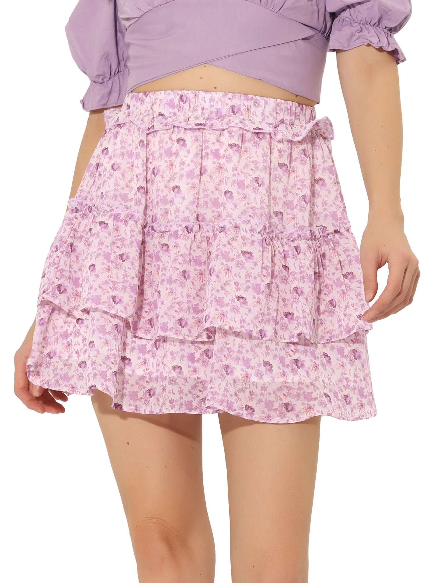 Allegra K Mini jupe patineuse à volants pour femme avec taille élastique, violet, Taille XL