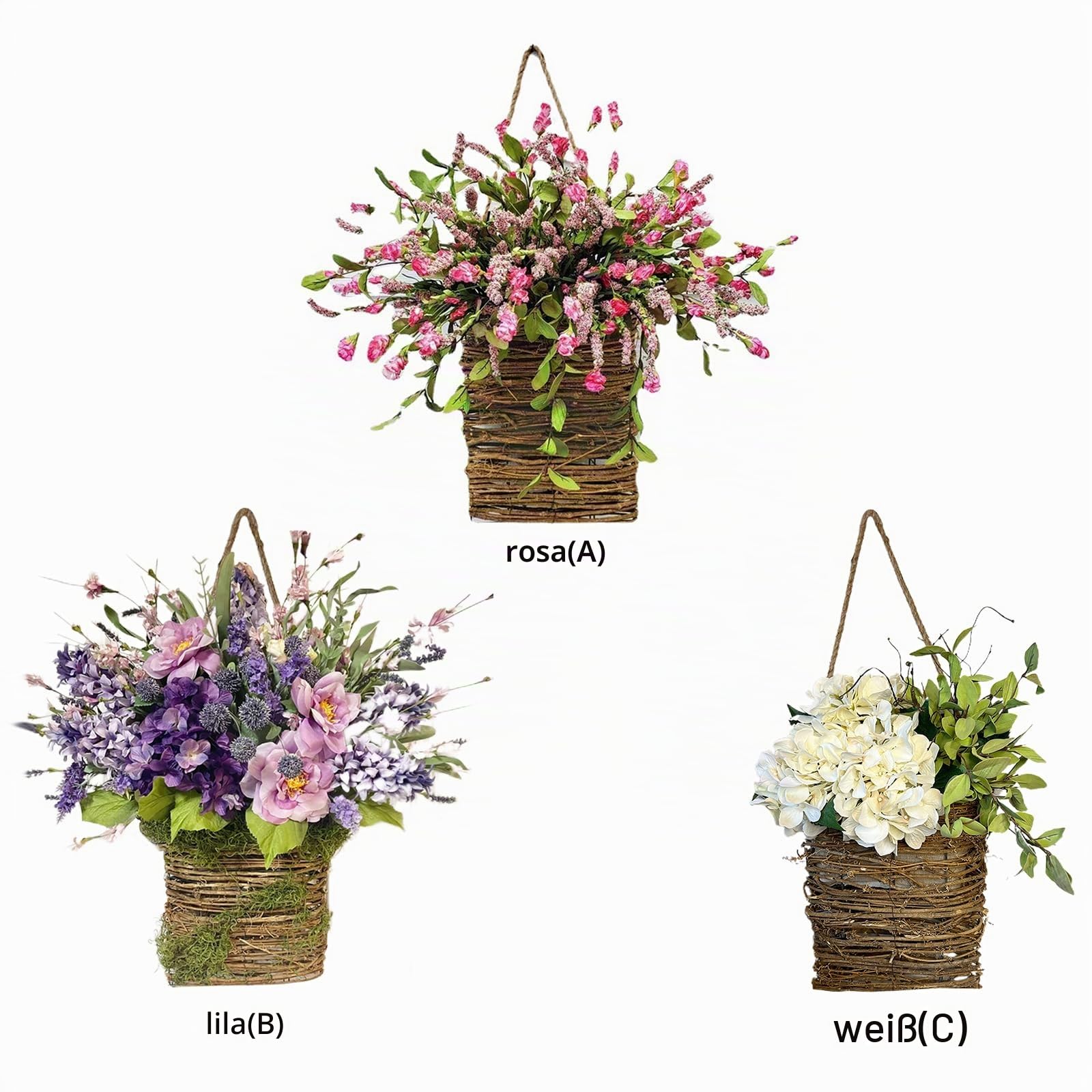 Türkranz für die Haustür, Hängender Korb, Lavendel, Hortensien, Wildblumen, Türhänger, Korbkranz, Künstlicher Frühlings- und Sommerkranz für Heimdekoration(Lavendel)