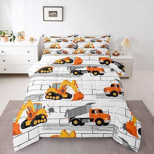 Miniatura 4 de Manfei Juego de edredón de excavadoras, tamaño individual, juego de edredón de tractor y camión con 1 funda de almohada, juego de ropa de cama de