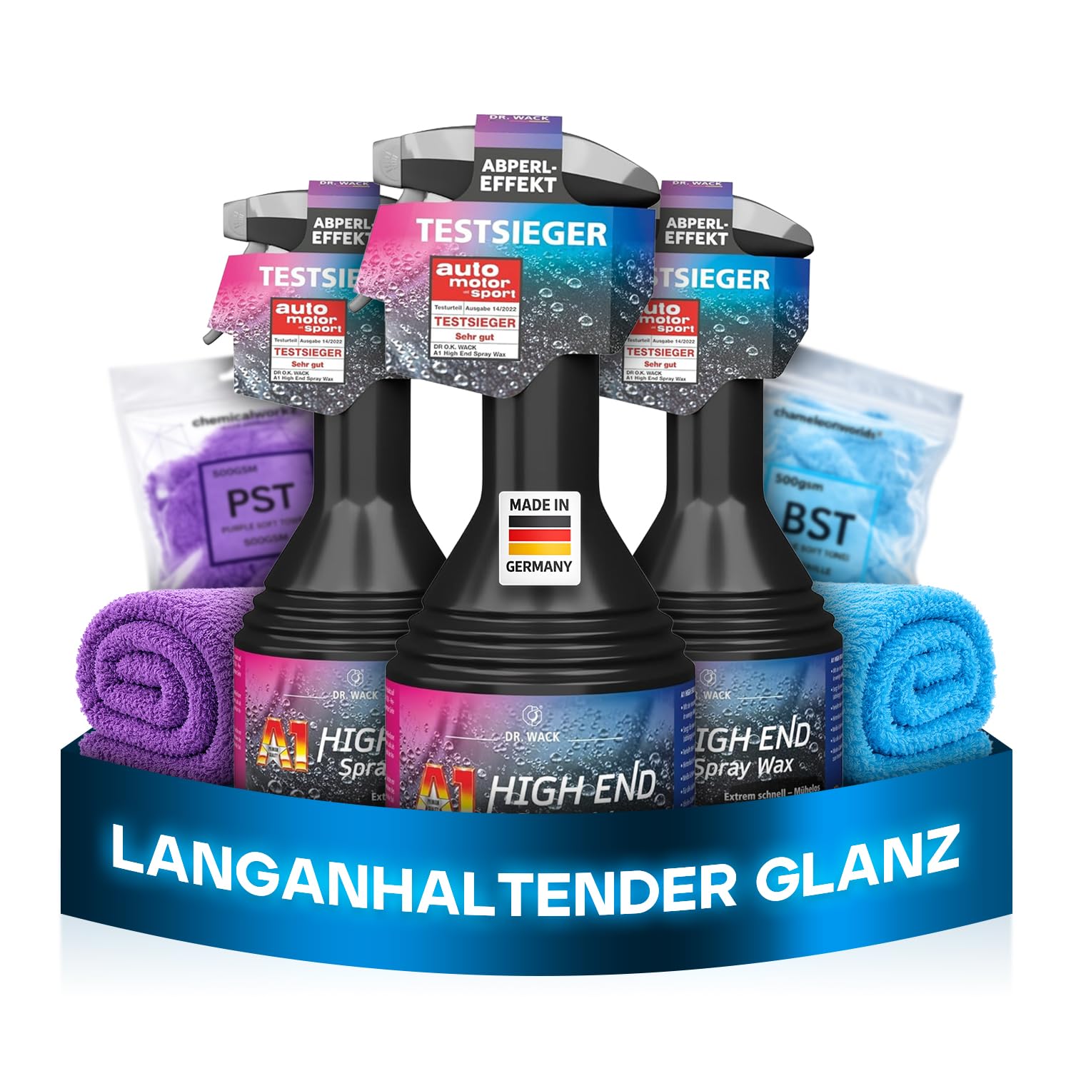 Detailer Auto Pflege Set: Dr. Wack A1 High End Spray Wax Lackversiegelung (3Stk.) + ChemicalWorkz Edgeless Soft Touch Mikrofasertuch 500GSM (2Stk.) | 5-teiliges Sparset