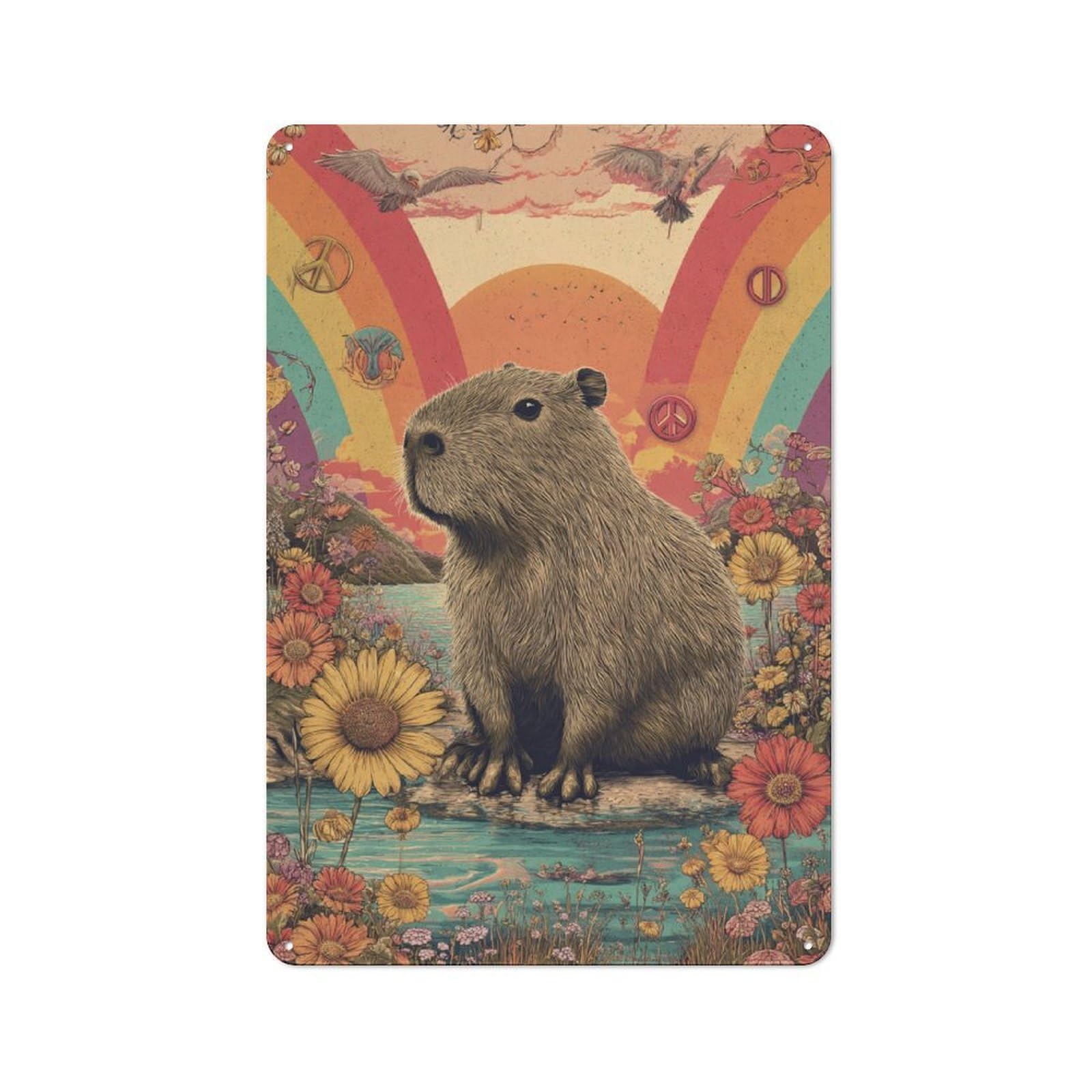 Junmoney Capybara In A Floral Paradise Tin Wall Plaque 30X20cm With For Home Office Or Studio, For Home Office Decor Fans