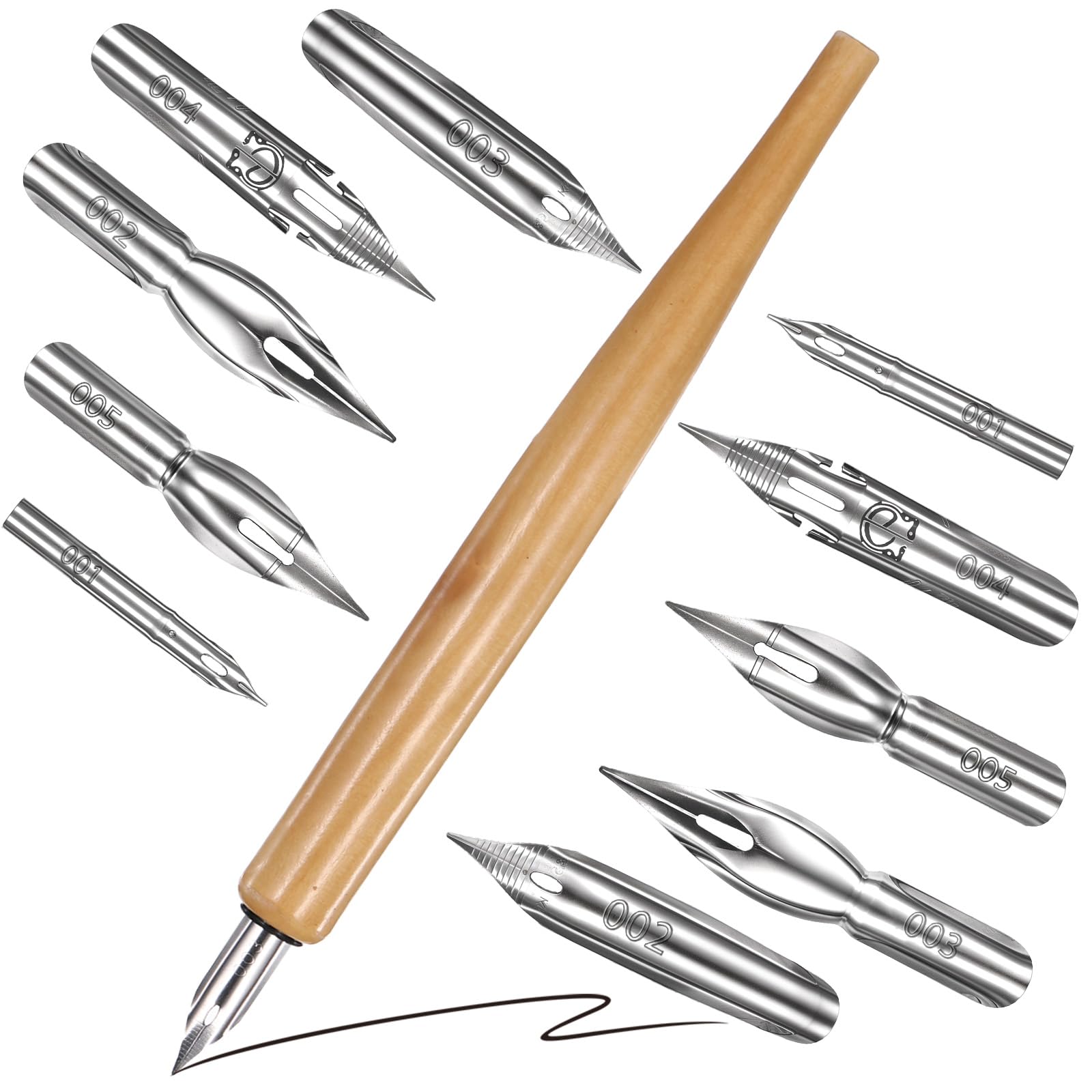 Piriuuo 11 Pack Dip Pen Set Comic Pen Nib Set Oblique Calligraphy Dip Pen Set Stainless Steel Pen Nib with Wooden Drawing Pen Holder for Writing Painting Signing