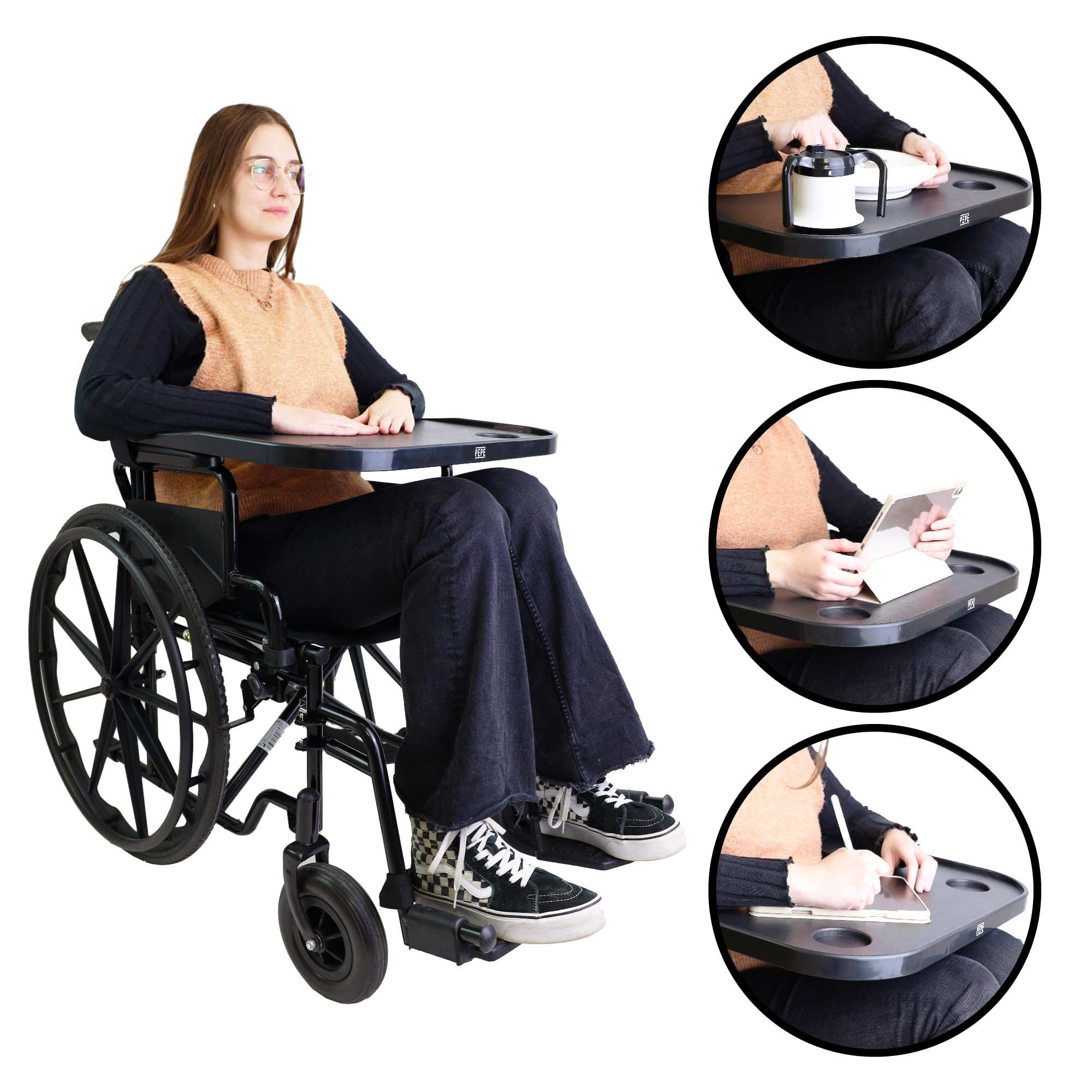 PEPE Mobility - Taca na wózek inwalidzki z uchwytem na kubek, zdejmowana, łatwa instalacja, stolik dla osób dorosłych