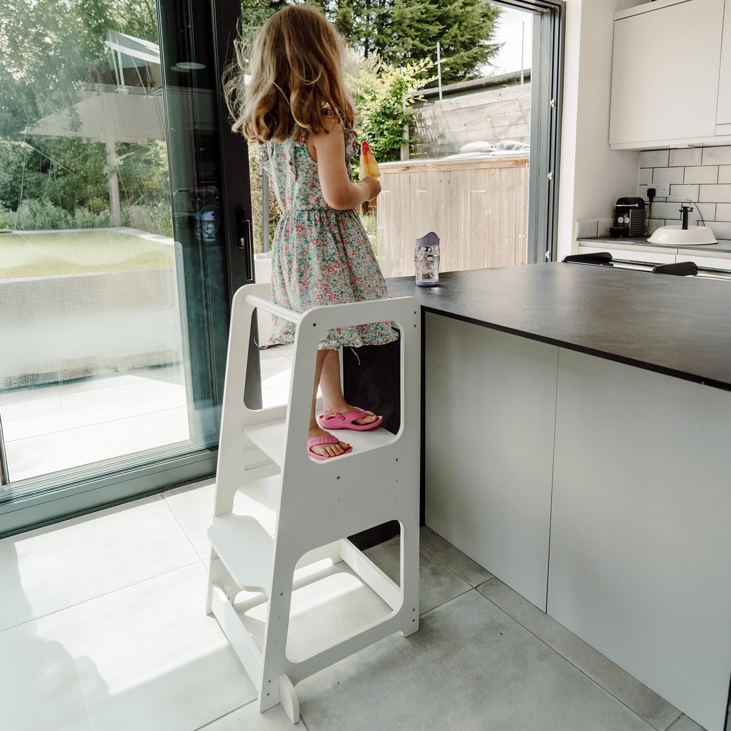 The Learning Tower Company White Original Tower (1-6 Years), 3 Adjustable Heights, Step Stool For Kitchen With Safety Feet, Mothers' Helper, Montessori Standing Tower, Space-Saving (White)
