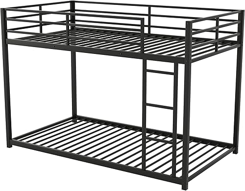 Miniatura 7 de Harper & Bright Designs Litera de metal individual sobre individual, litera baja resistente con barandillas de seguridad y escalera (negro)