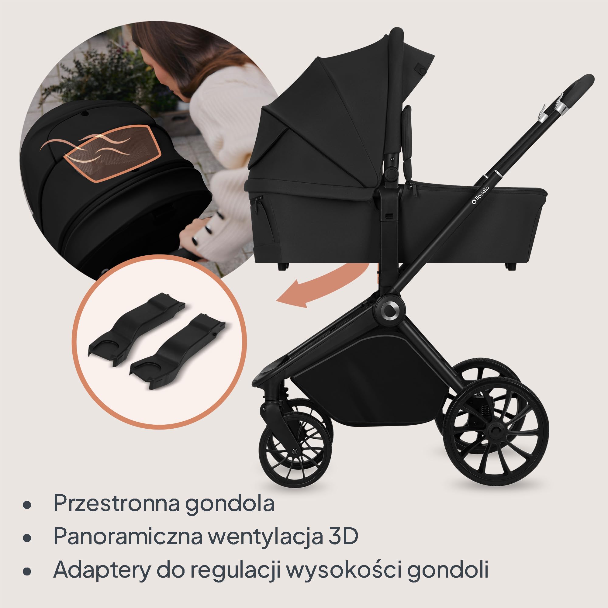 LIONELO MIKA PLUS 2 w 1 Wózek Spacerowy Dziecięcy 0-48 miesięcy do 22 kg Gondola do 9 kg, Regulacja Oparcia i Podnóżka, Amortyzacja, AiryDots, Obrotowe Koła PU 360° Budka XXL (Czarny)