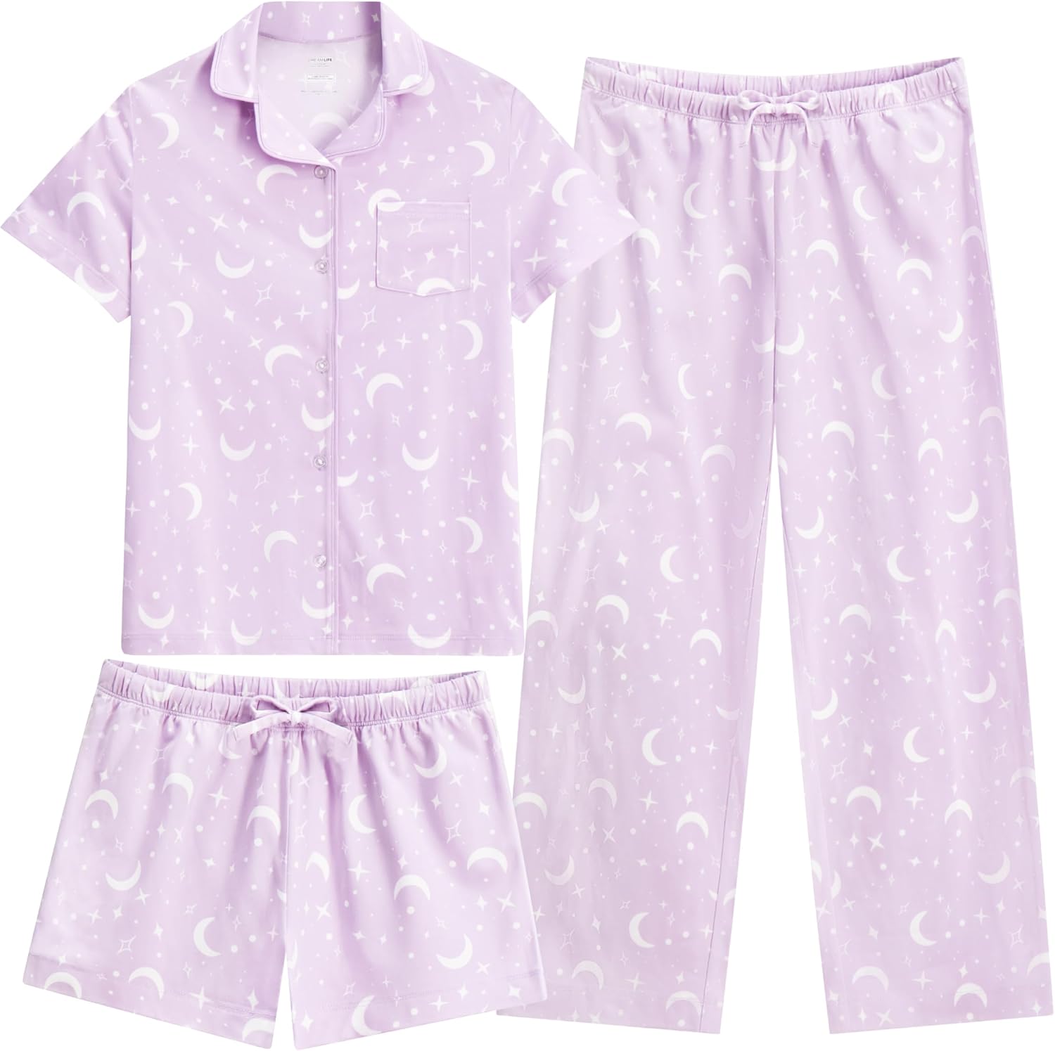 US Angels Girls Pajama Set 3 Piece, Short Sleeve Button Down PJs with Shorts & Pants, Soft Sleepwear Girls & Tweens Size 5-16