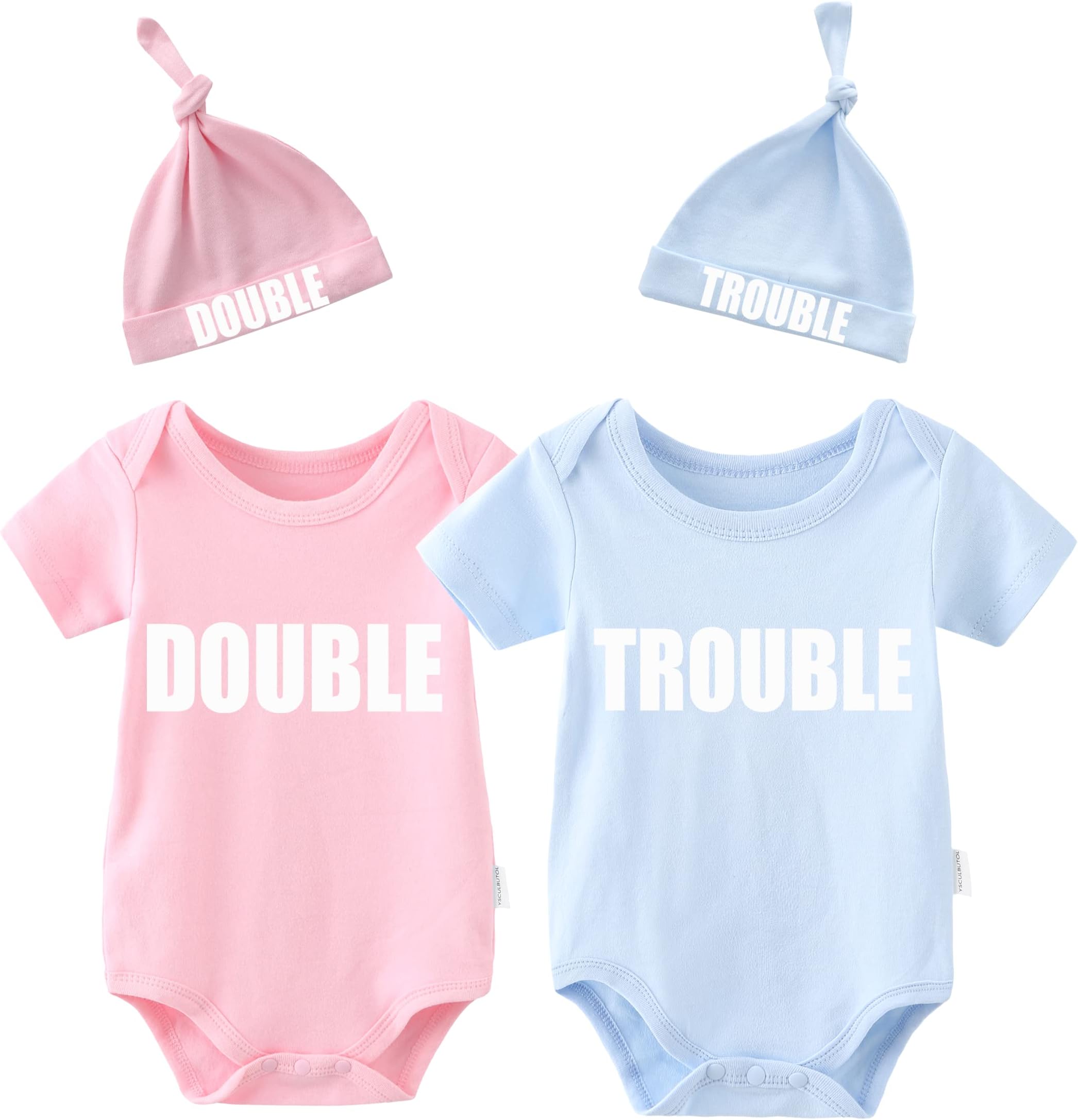 YSCULBUTOLBaby Twins Bodysuits Funny Double Trouble Cute Romper Twin Jumpsuits Hat Set