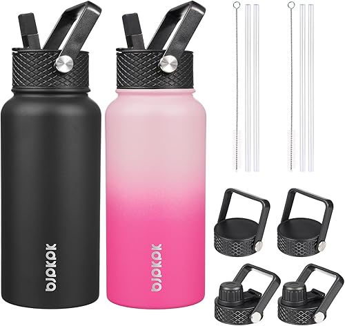 Miniatura 29 de BJPKPK Paquete de 2 botellas de agua aisladas con tapas con pajita, botella de agua de metal de acero inoxidable de 18oz con 6 tapas, jarras a Verde
