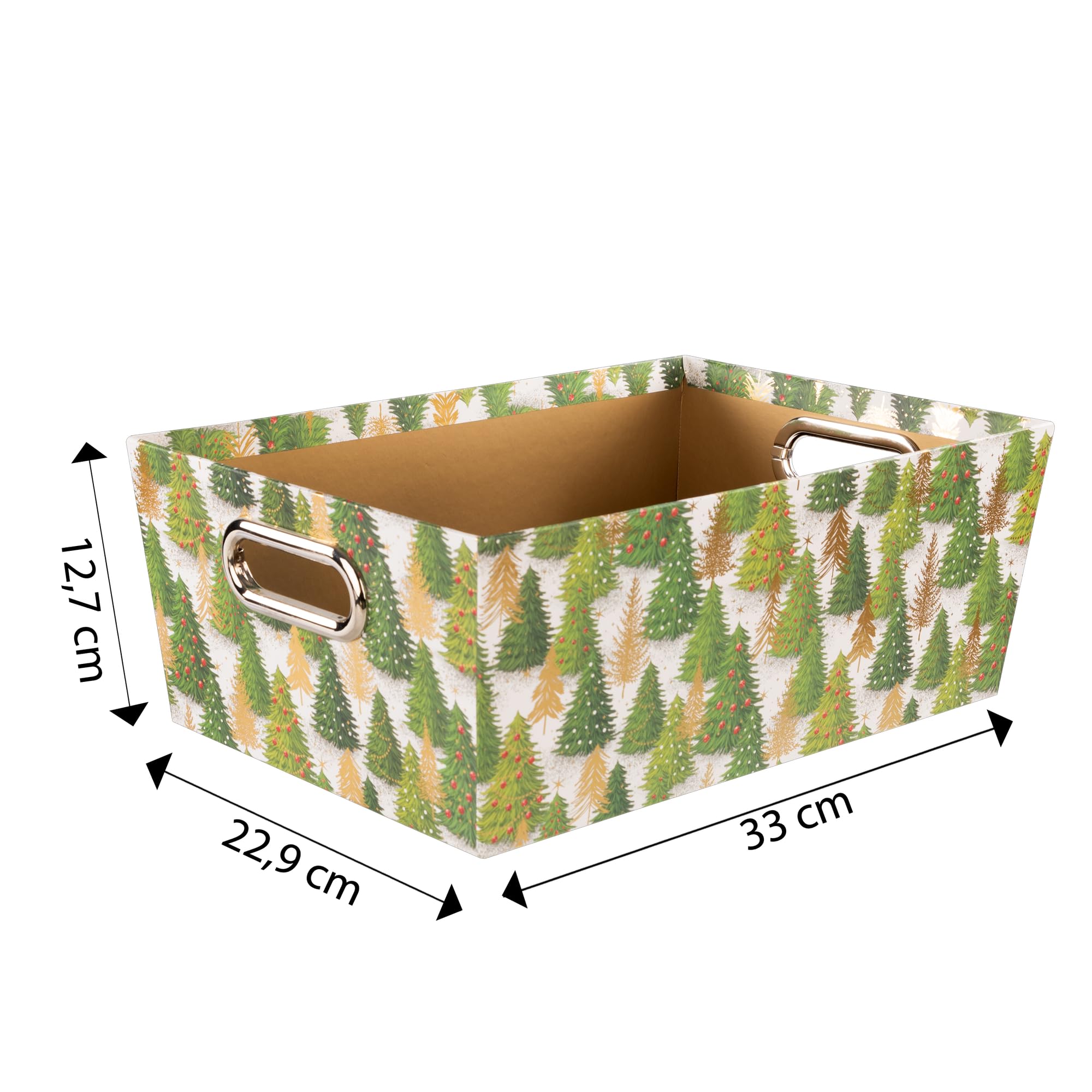 Idena Caja de almacenamiento de cartón resistente 33 x 22,9 x 12,7 cm con asas metálicas motivo árbol de Navidad