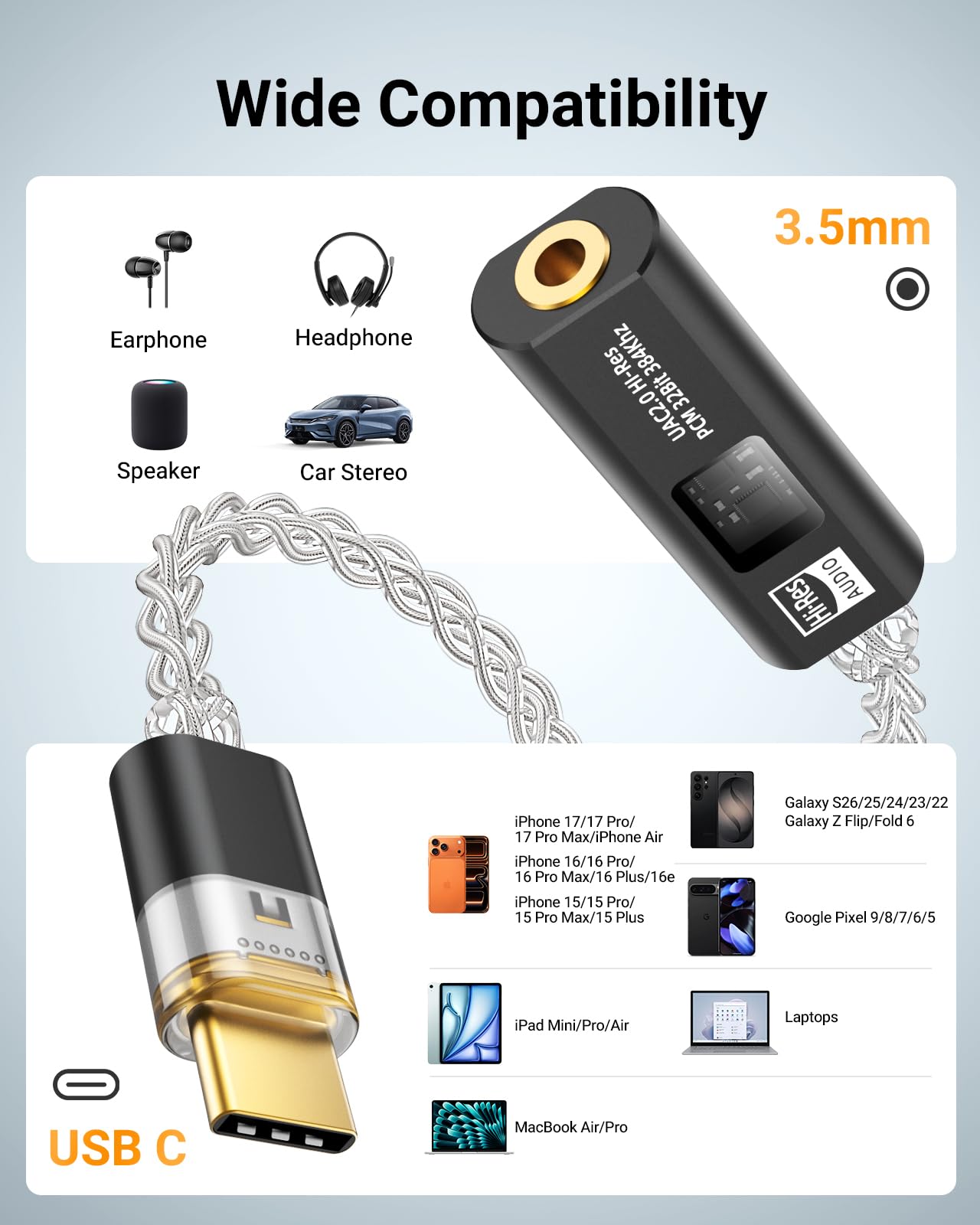 MoKo Adattatore Audio USB C a 3,5mm, Doppio Chip DAC HiFi CX31993 & MAX97220, 32bit/384KHz Tipo C a Jack Cuffie AUX per iPhone 17/16, iPad, Galaxy S26/S25, Pixel, Nero