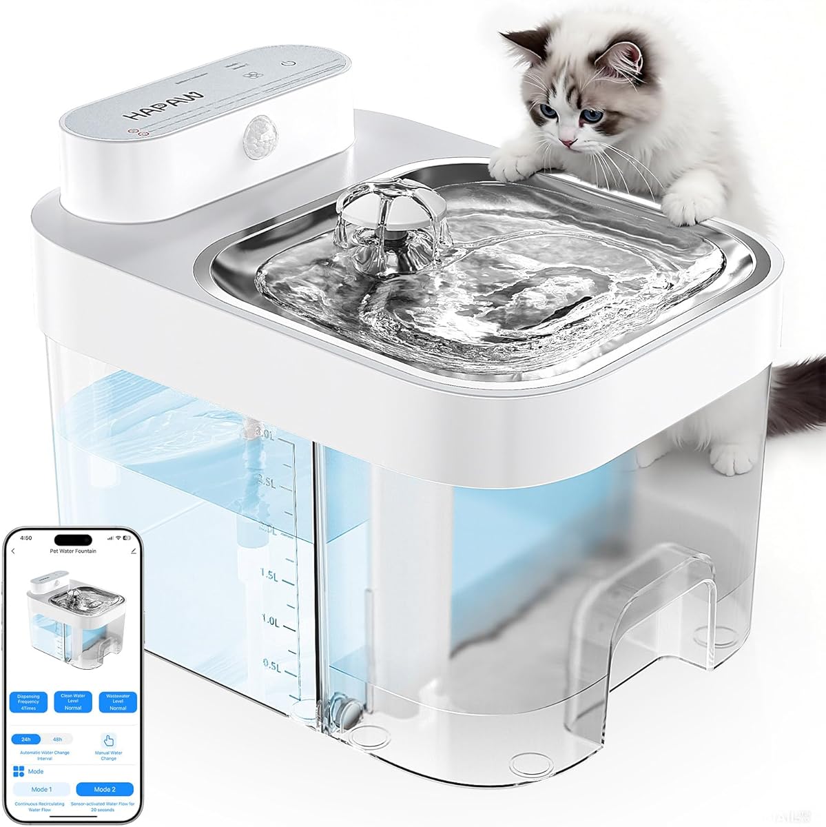 Cat Water Fountain, No Filter Cotton, App Monitoring Wastewater Separation Pet Water Fountain, 5000mAh Battery & Plug-in, 3L/101oz Wireless Automatic Water Dispenser for Cats Indoor, 2.4G Wi-Fi