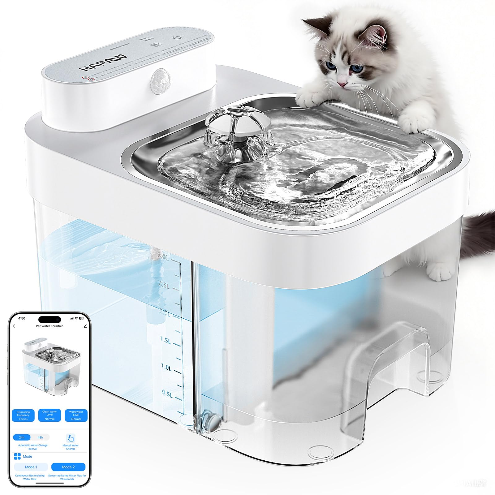 Cat Water Fountain, No Filter Cotton, App Monitoring Wastewater Separation Pet Water Fountain, 5000mAh Battery & Plug-in, 3L/101oz Wireless Automatic Water Dispenser for Cats Indoor, 2.4G Wi-Fi