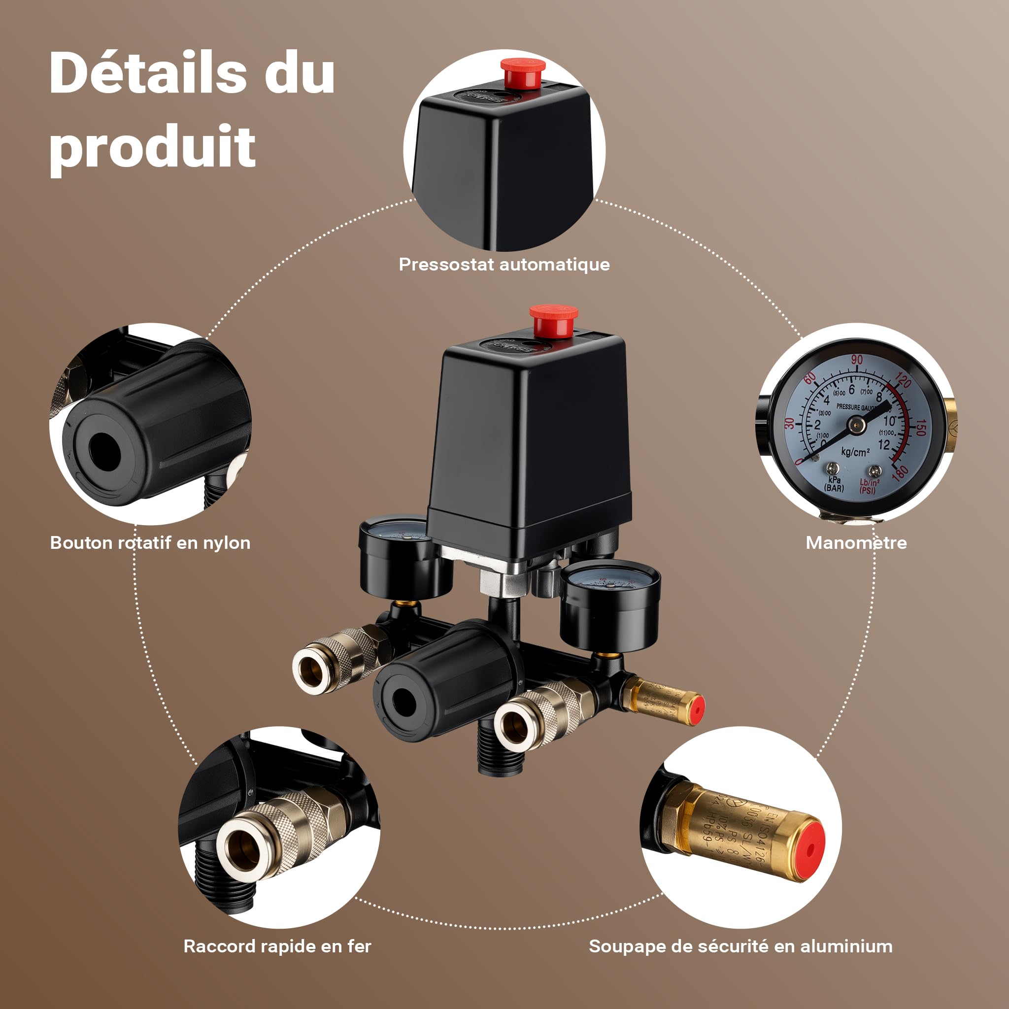 Wiltec Régulateur de pression avec Pressostat – 165 x 130 x 200 mm – 8 bars max. – pour Compresseur – avec Réducteur 2 afficheurs Valve de sécurité