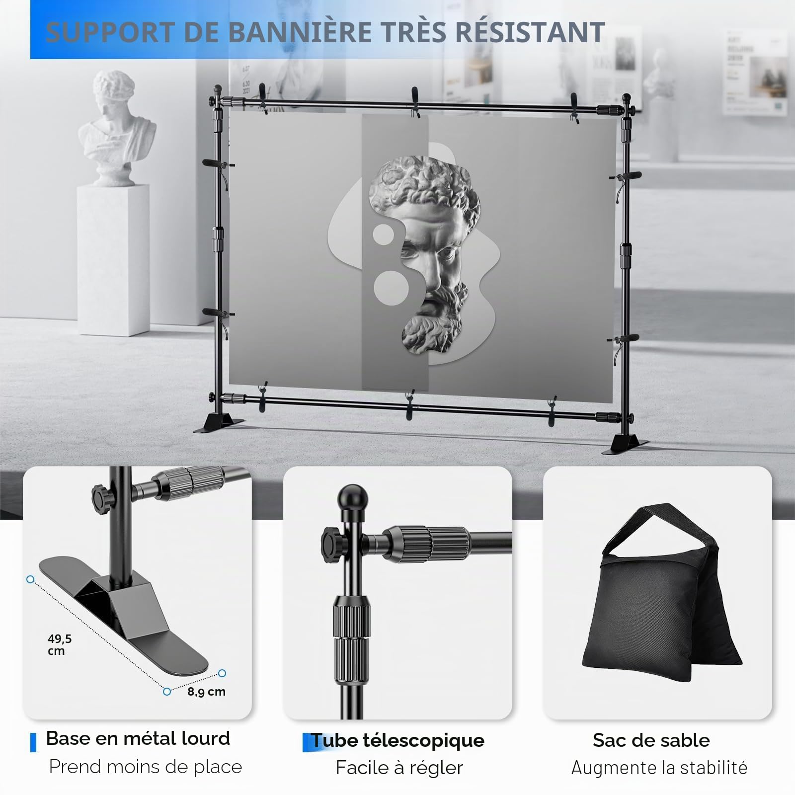 EMART Support Toile de Fond Photo 3 x 2,4 m, Banner Stand Réglable avec 2 Sacs de Sable et Paquet de Transport pour Studio, Portrait et Photographie de Produits