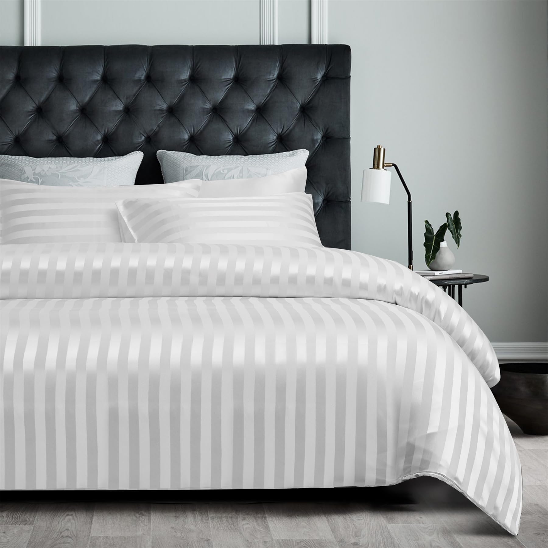 Copripiumino in Raso 220 x 240 bianco a righe lucido Deluxe Parure da letto in raso morbido setoso seta biancheria da letto per 2 persone adulte con cerniera con federe 65 x 65 cm