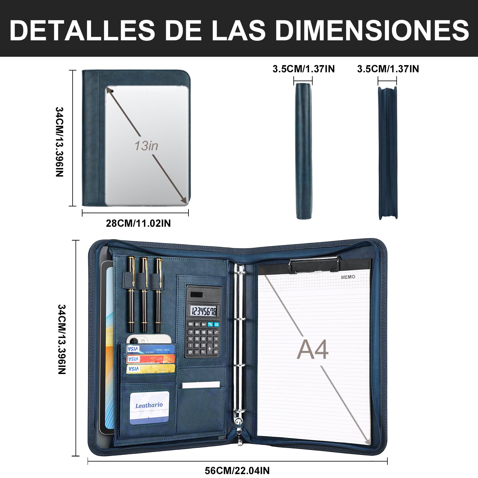 Leathario (Negro-A4) Marcas de Portafolio de Carpeta Plegable de Mano de PU para Hombres, Diseñado para Negocio y para Tomar Notas