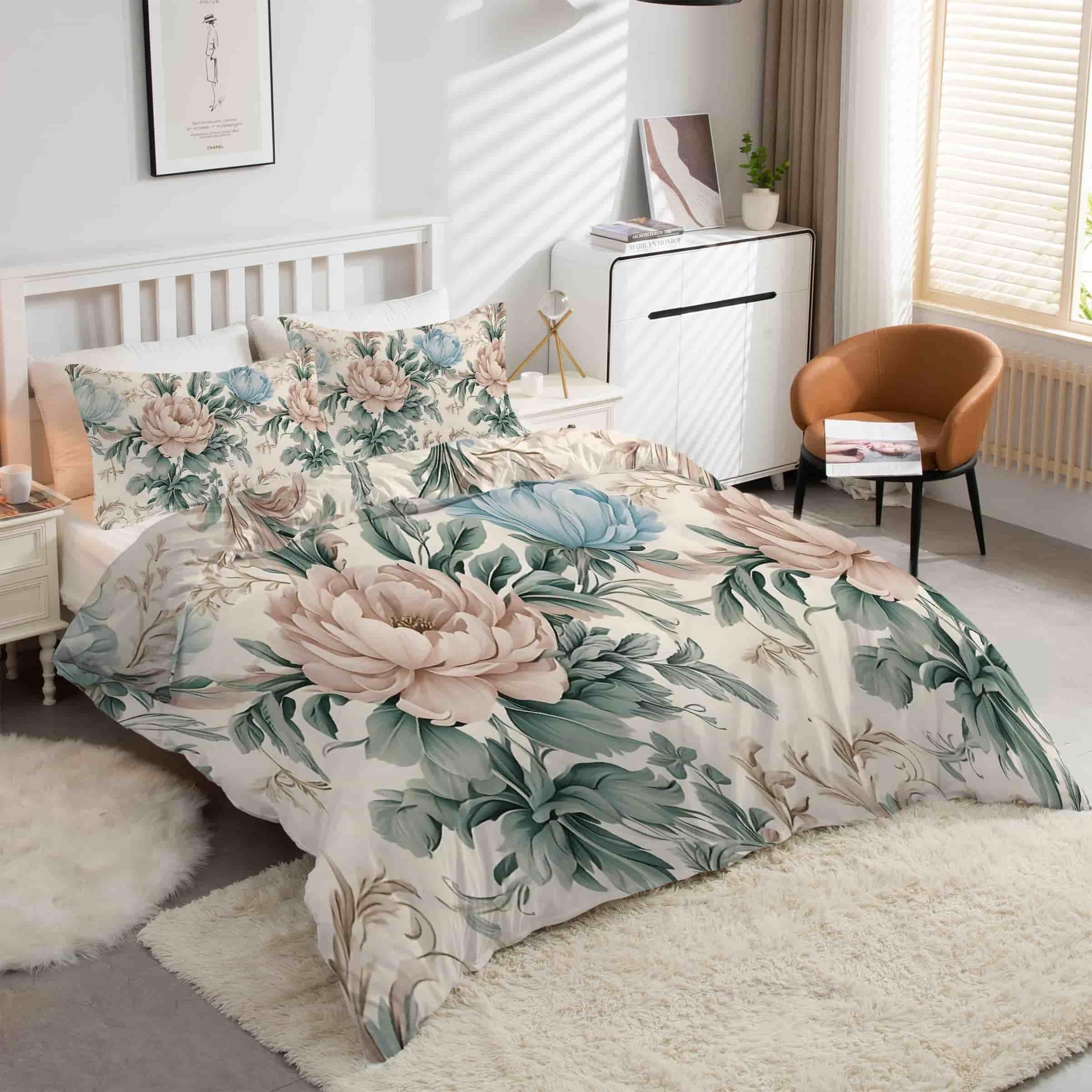 Housse couette microfibre douce 90x190 motif pivoine plantes pour lit 1 place