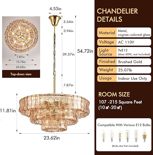 Miniatura 5 de 23in Large Chandelier Gold, Modern Dining Room Light Fixtures, 3 Layer Luxury Glass Chandelier 9 Light Chandeliers for Dining Room Kitchen Island