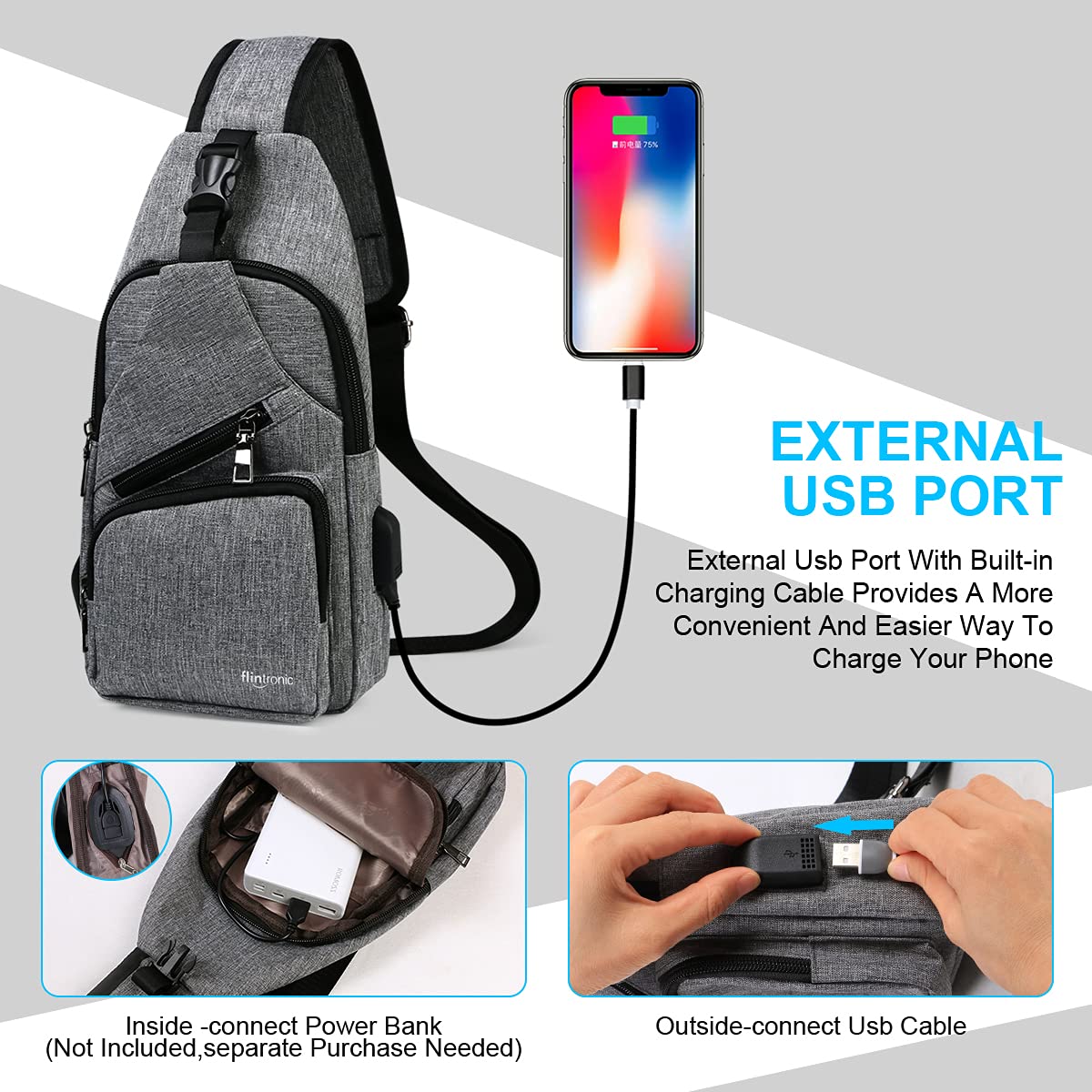 flintronic Zaino Monospalla Sling Bag, Borsa a Spalla Uomo, Borsello Tracolla (includere 1 Cavo USB)