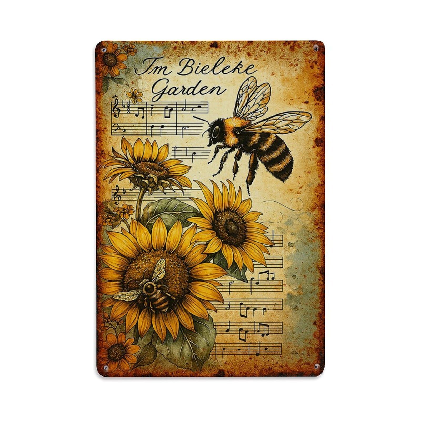 Bees And Sunflowers On Sheet Music Retro Metal Tin Sign, Vintage Metal Poster for home, Gaming Room, Studio Workshop,Bar,Garage Wall Art Decor 8x12 Inch