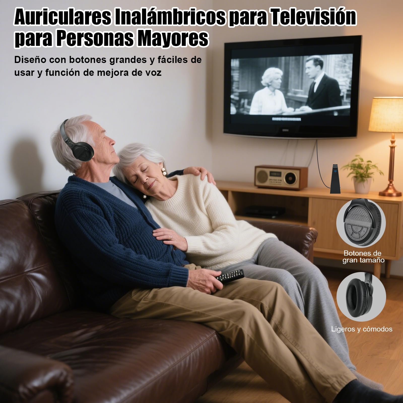 Auriculares Inalámbricos para TV con Base Transmisora de Carga, Auriculares Inalámbricos para ver la TV, Botones Grandes y Amplificación de Sonido para Personas Mayores, Auriculares Ligeros y Cómodos