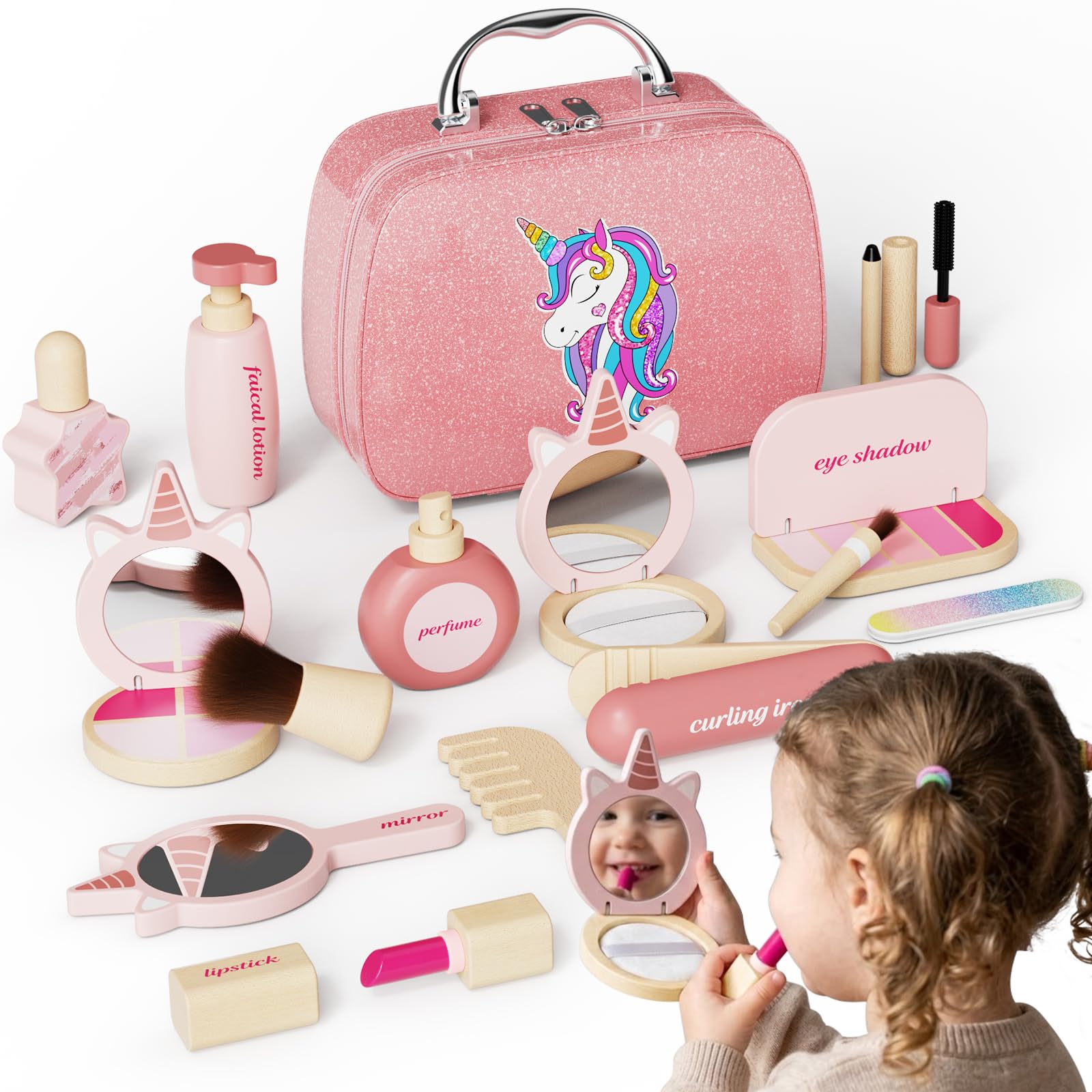 Wooden Pretend Play Makeup Kit for Girls, Pretend Makeup Toy Set for Toddlers 2-5 Years Old, Mess-Free Montessori Cosmetic Set Non Toxic Kid Makeup Play Set Perfect Beauty Girl Christmas Birthday Gift