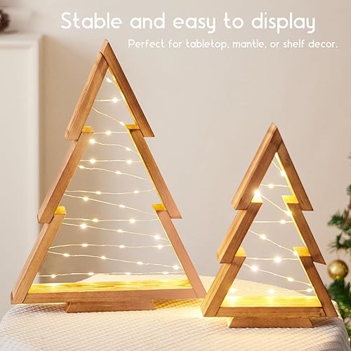 Miniatura 5 de Paquete de 2 árboles de Navidad de madera de mesa con luces y temporizador, decoraciones modernas de Navidad para interiores, decoración de Navidad