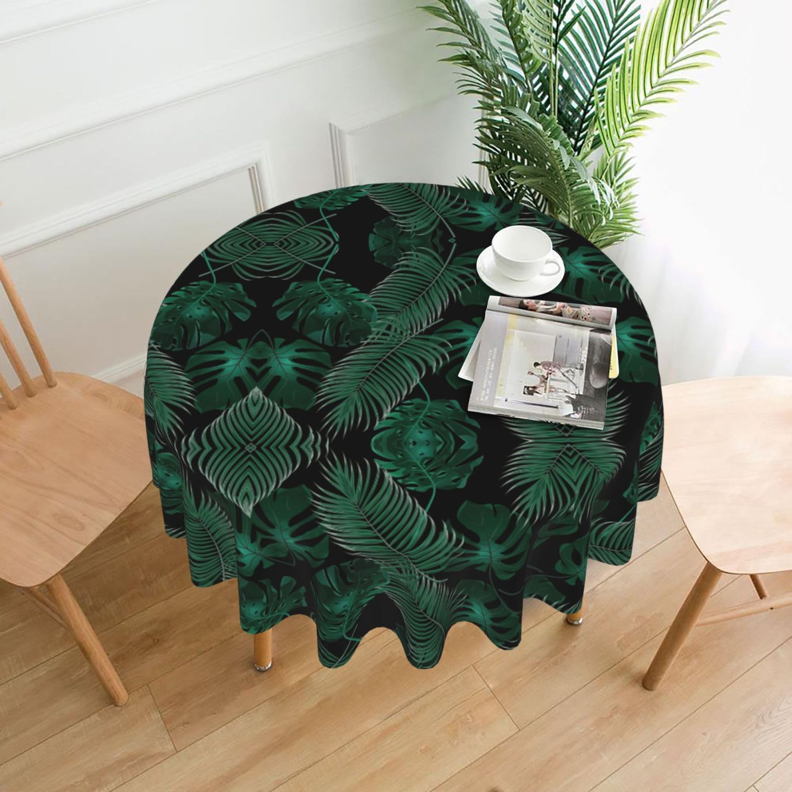 SDEGTHO Banana Leaf Green Print Modern Retro Round Tablecloth 60in Polyester Fabric Cover for Party Dining Table Washable