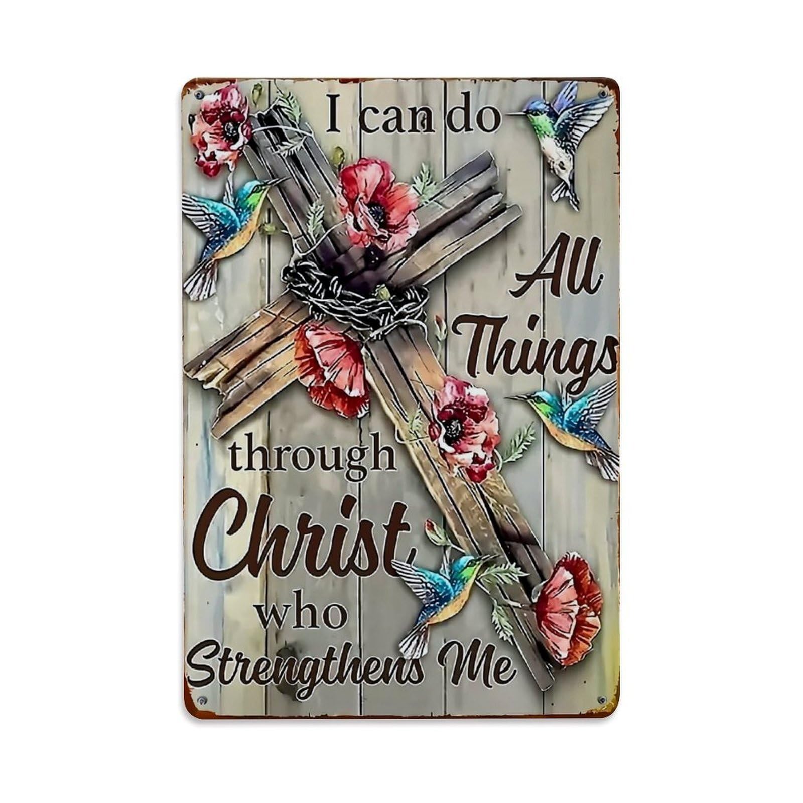 Jdfenggu Vintage Cross Flowers Birds Hummingbird Text Retro Metal Tin Sign, Decor Art Poster For Bar, Home, Man Cave, Kitchen, Laundry Room Gift 8X12inch