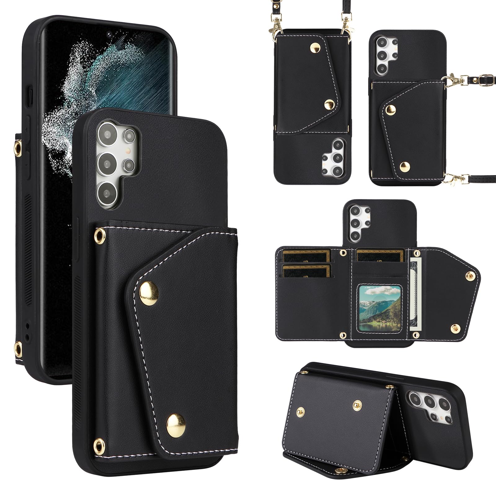 Dibosom Luxury Wallet Case for Samsung Galaxy S23 Ultra 5G with 5 Card Slots Thin Slim Flip Purse & Shoulder Strap,Credit Card Holder Stand Phone