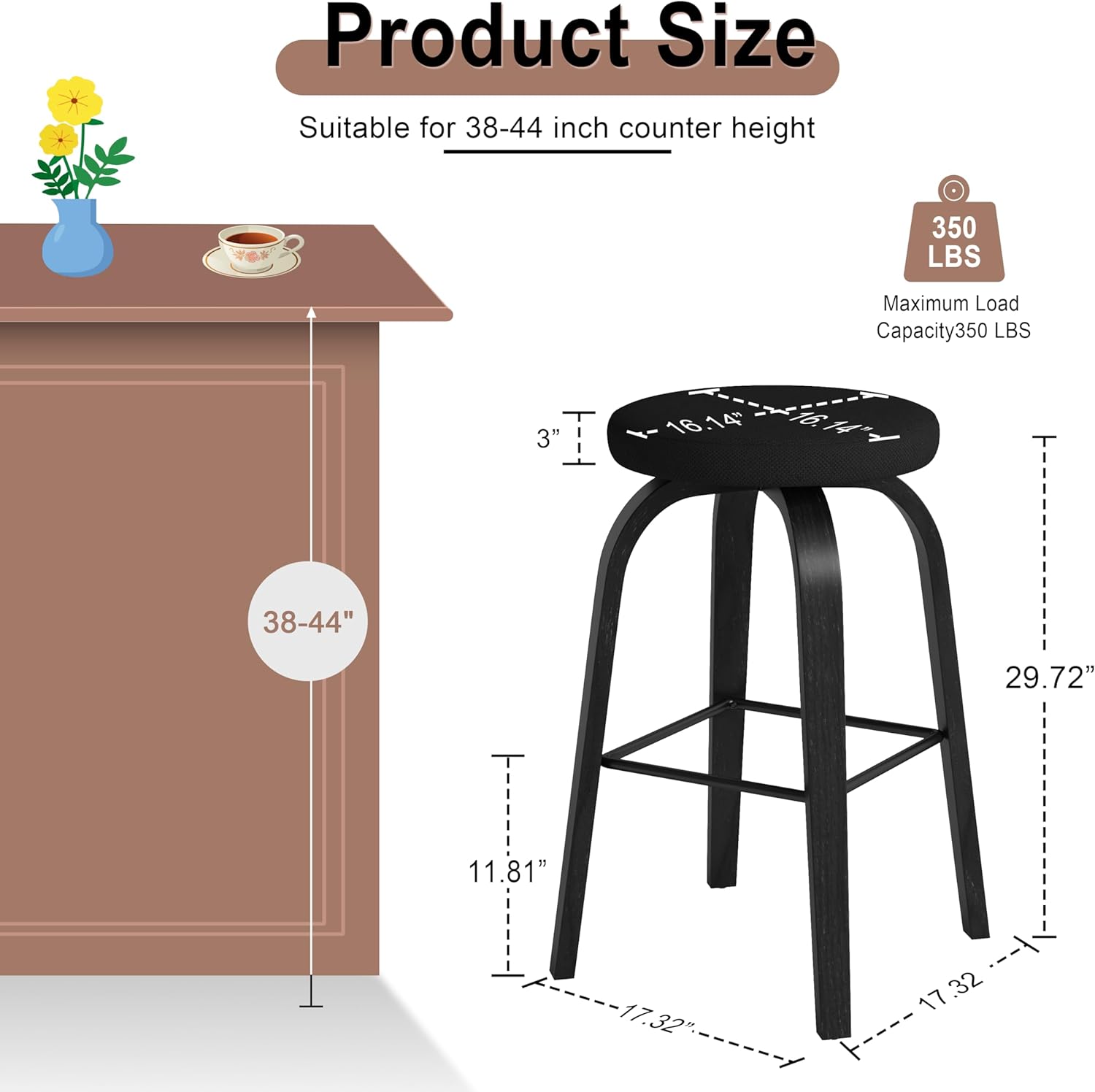 Furniliving Swivel Backless Bar Stools Set of 2, 30'' Counter Height Barstools with Sturdy Bentwood Frame, Mid-Century Modern Kitchen Island Stools for Bar, Dining Room, Black