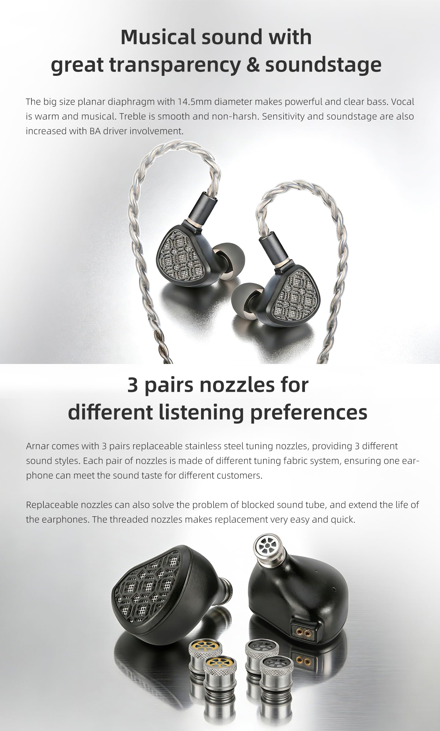 KGUSS KEFINE Arnar Monitory Hi-Fi douszne, 1 płaski przetwornik + 1 hybrydowe słuchawki douszne BA, przewodowe słuchawki 3,5/4,4 mm, odłączany kabel 0,78 mm, 2-pinowy, 3 pary wymiennych zatyczek do