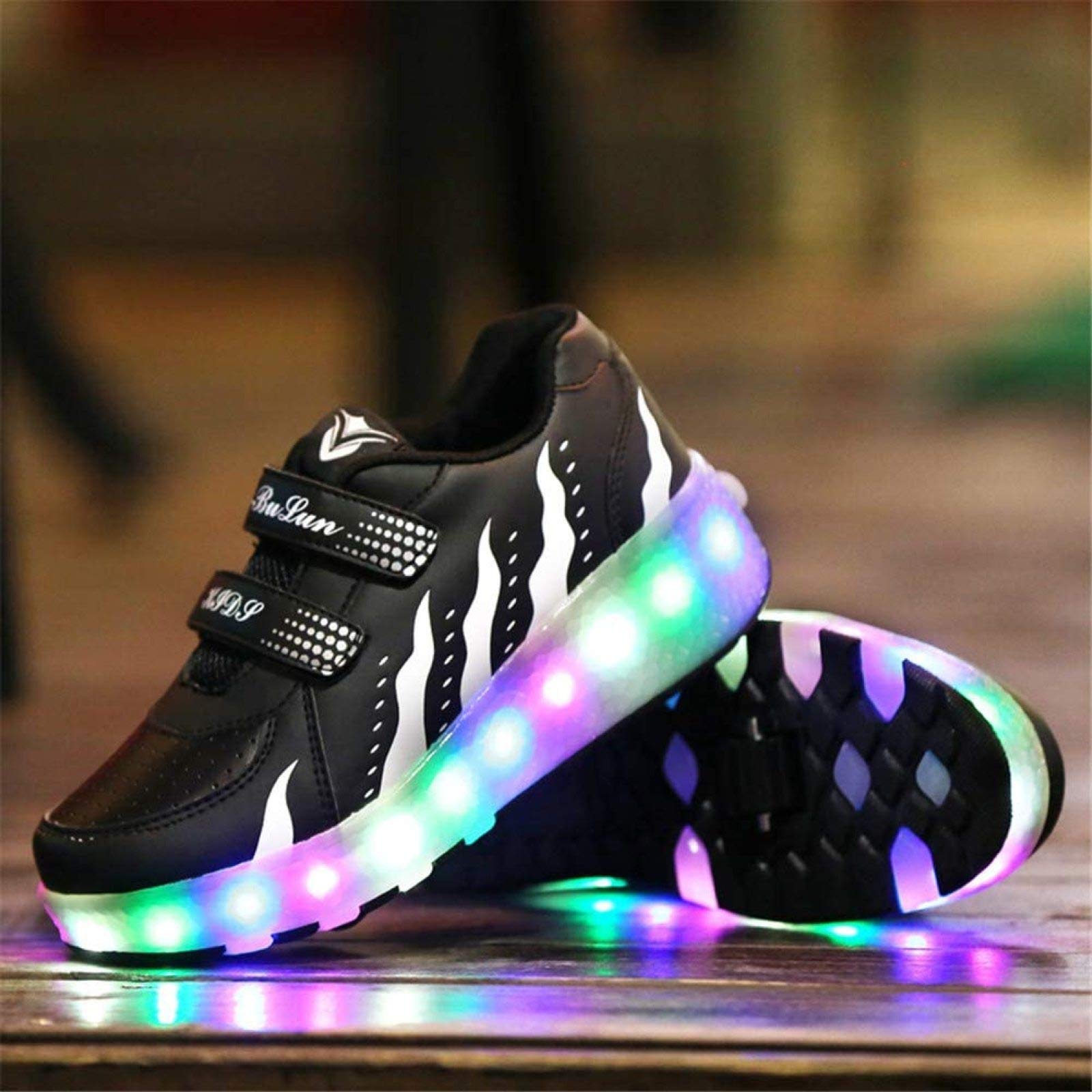 Unisex LED Rollschuhschuhe Mit Doppelrädern Inline Retractable Technical Skateboarding Schuh Outdoor Sport Cross Trainer Vibration Flashing Sneaker Für Geburtstag Halloween Weihnachten,Black-38