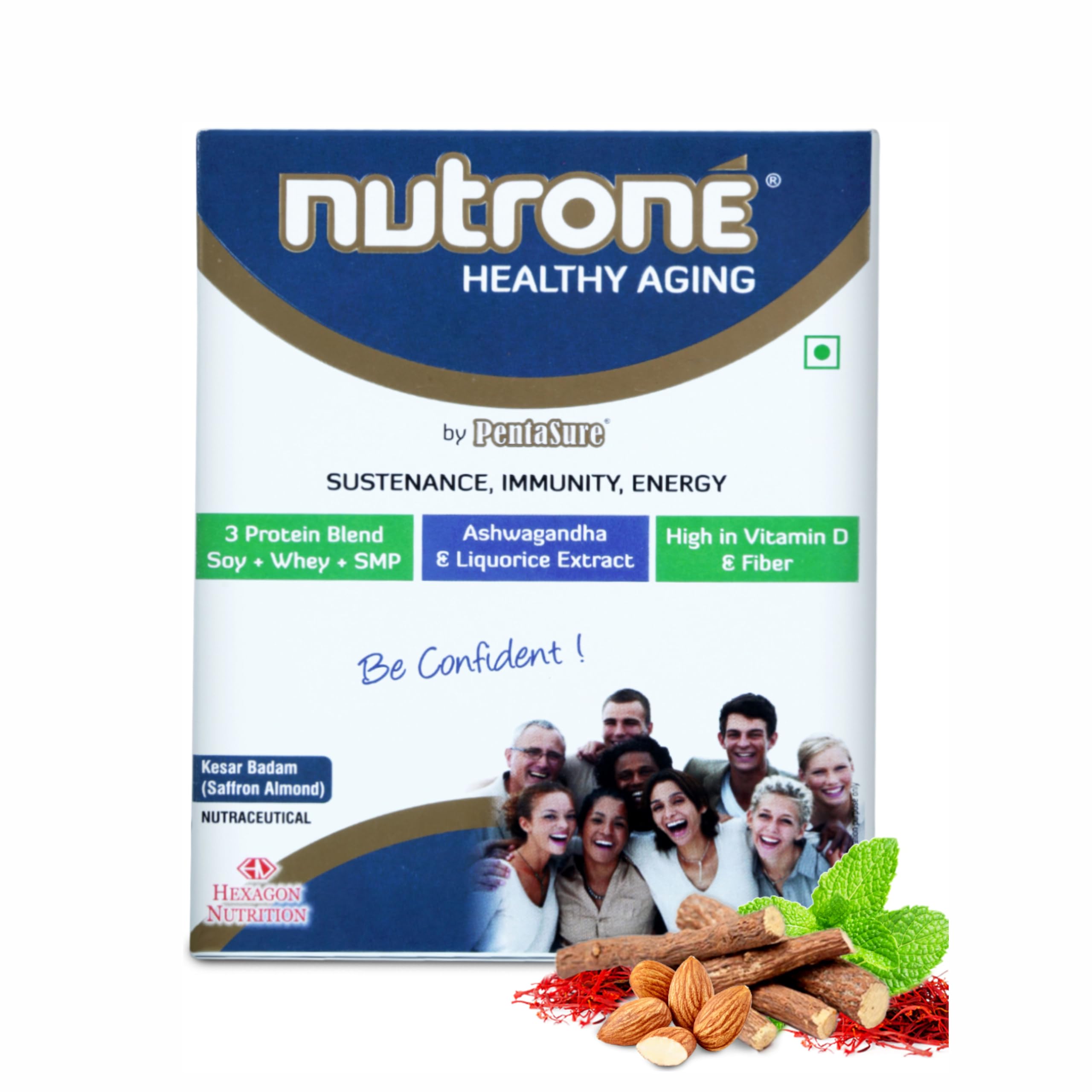 Healthy Aging Kesar Badam (Saffron Almond) Flavour 3 Protein Blend (Soy+Whey+SMP) Powder by Pentasure, 300g Carton