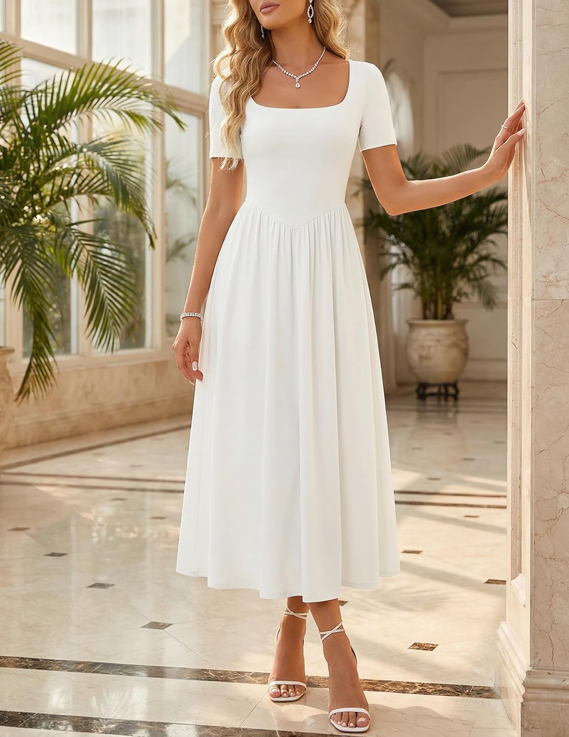 ZESICA Summer Dresses for Women 2026 Elegant Classy Square Neck Short Sleeve Flowy Cocktail Party Midi Dress
