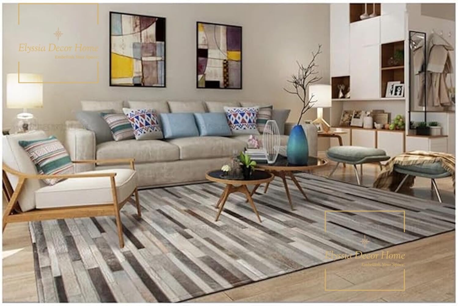 Premium Cowhide Leather Striped Rug, Hand Made Area Rug, Artisan-Crafted Non Slip Floor Accent for Dining Room, Living Room Rug, Color: Beige/White, Size: 6X9 ft