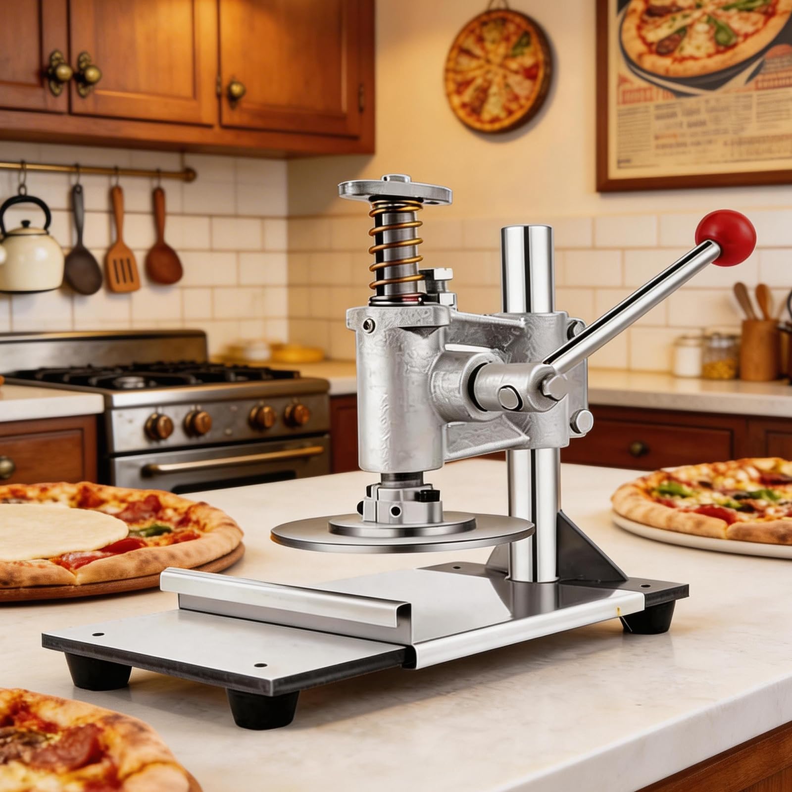 Pressa per impasto per pizza, rullo manuale per pasta, spessore regolabile, struttura in acciaio inox, ideale per pizzerie e snack, opzioni di diametro di 12/14/16 cm