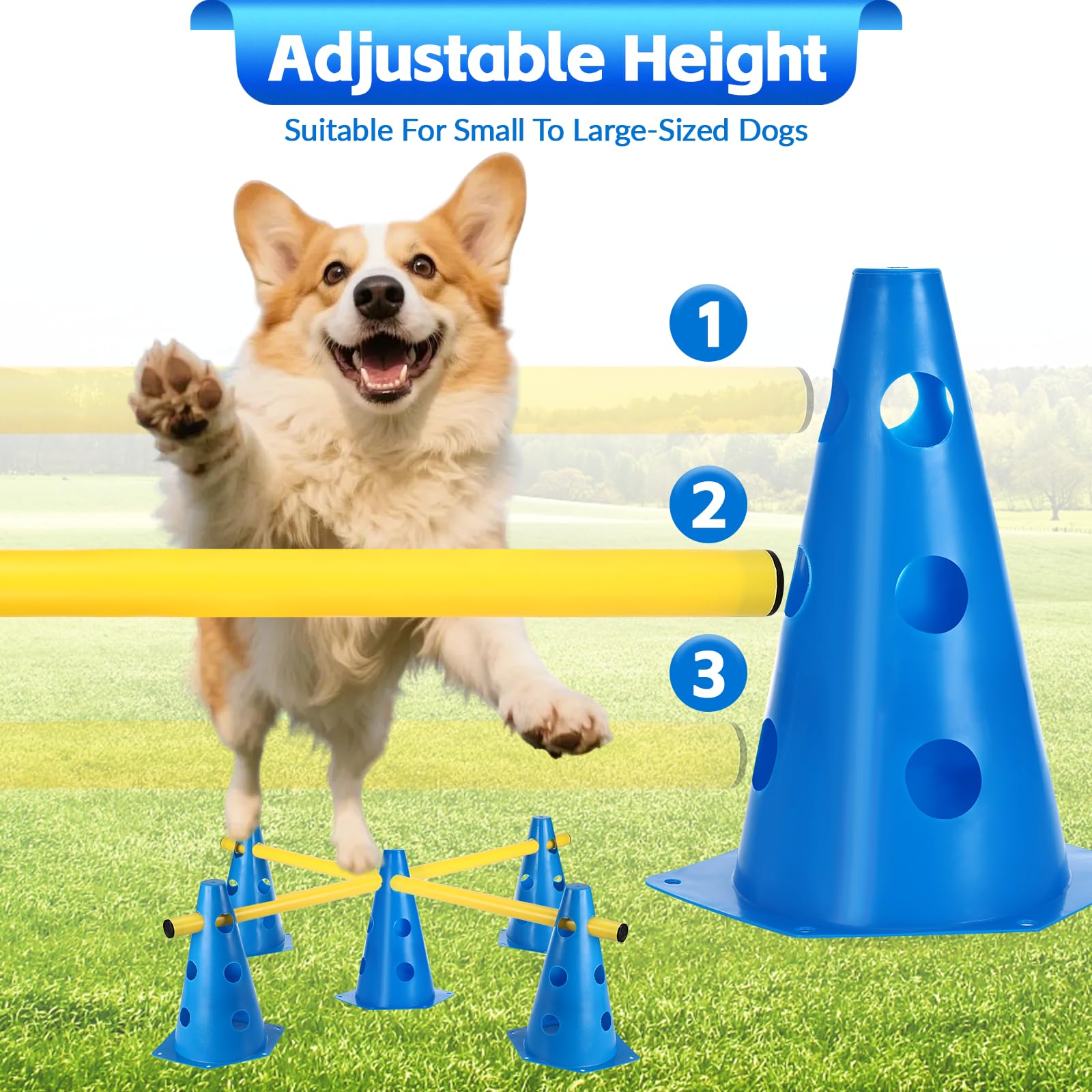 Agility Set Hunde Hürden Steckhürdenset,8 Kegel (24cm)+4 Stangen (81cm) ,Einstellbare Trainingshürden,Sports Steckhürden Set für Koordinationstraining,Hindernisparcours,Hundesport&Teamsport Fußball