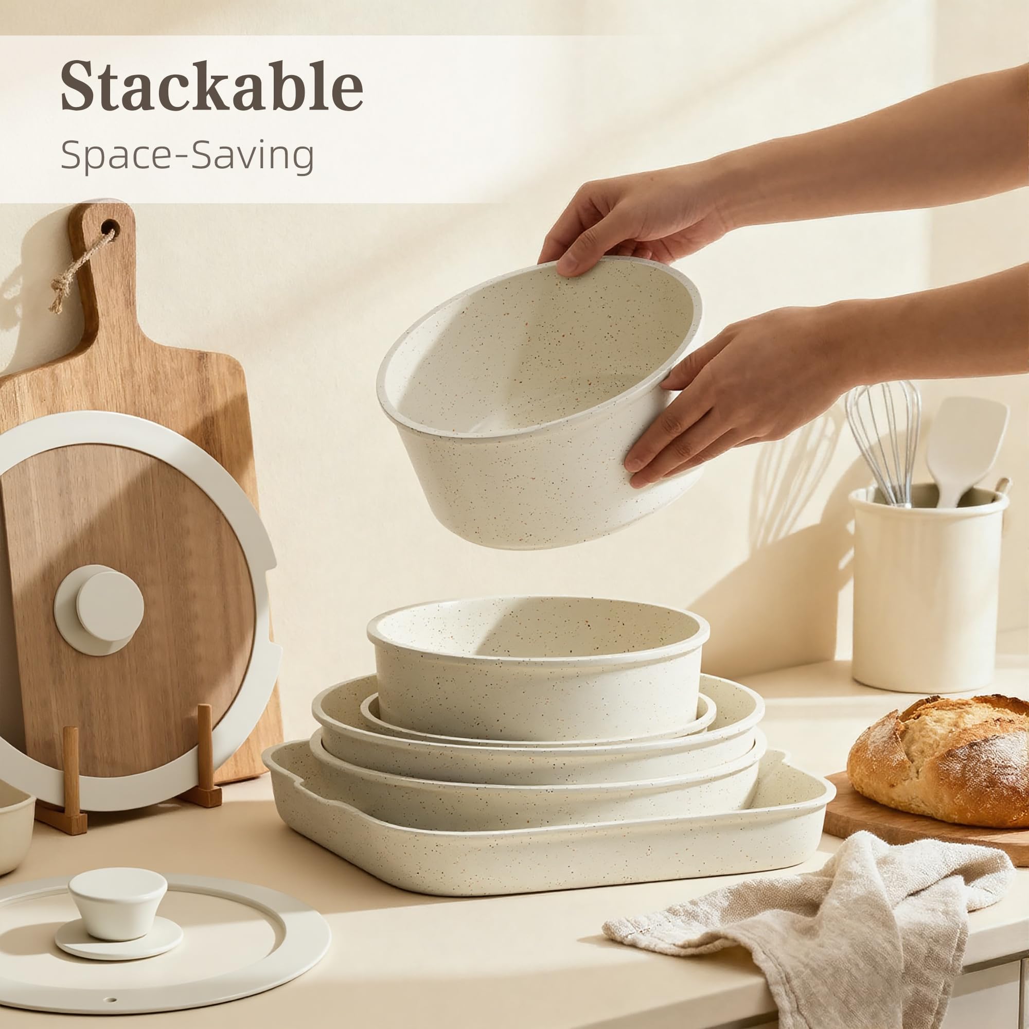 RIOVARM Induzione Set di pentole e padelle con manici staccabili, Antiaderente Padelle grill, Impilabile Casseruole con coperchi, Padella per omelette Senza PFOA, per tutti i tipi di fornelli