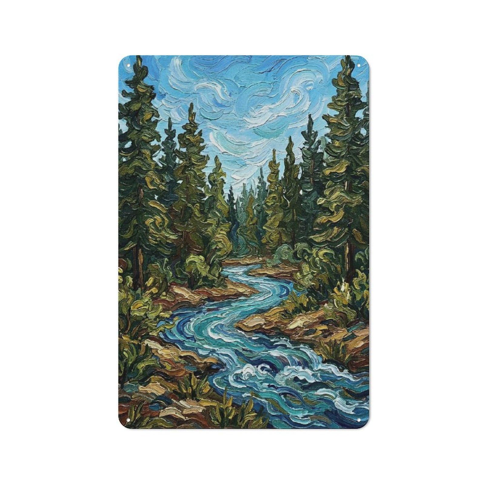 Junmoney Style-22 Metal Wall Sign 30X20cm Featuring Impressionist River Through Pine Forest For Hallway Wall, For Vintage Wall Decor Fans, For Cafés, Pubs And Restaurants