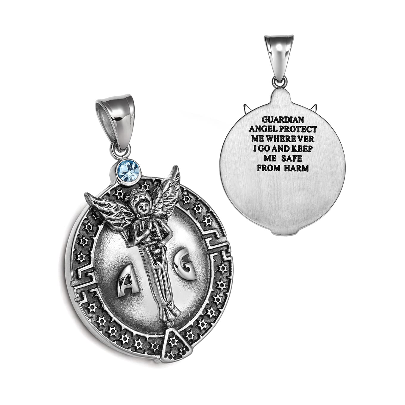 Saint Michael Pendant Holding Holy Cross - Army of God Seal - Archangel Protection Prayer - King of Solomon Star of David Accents - Antique Finish - Guardian Angel Miraculous Medal - Sky Blue Crystal