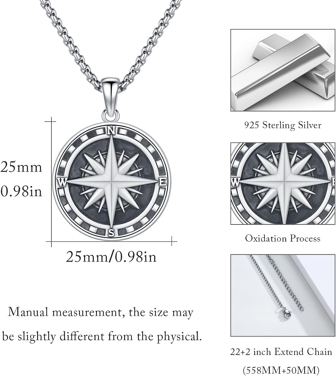 MEDWISE Compass Necklace for Men 925 Sterling Silver Compass Pendant Necklace Graduation Inspirational Gifts Travel Jewelry Gifts for Women Men with Stainless Steel Chain - Image 3