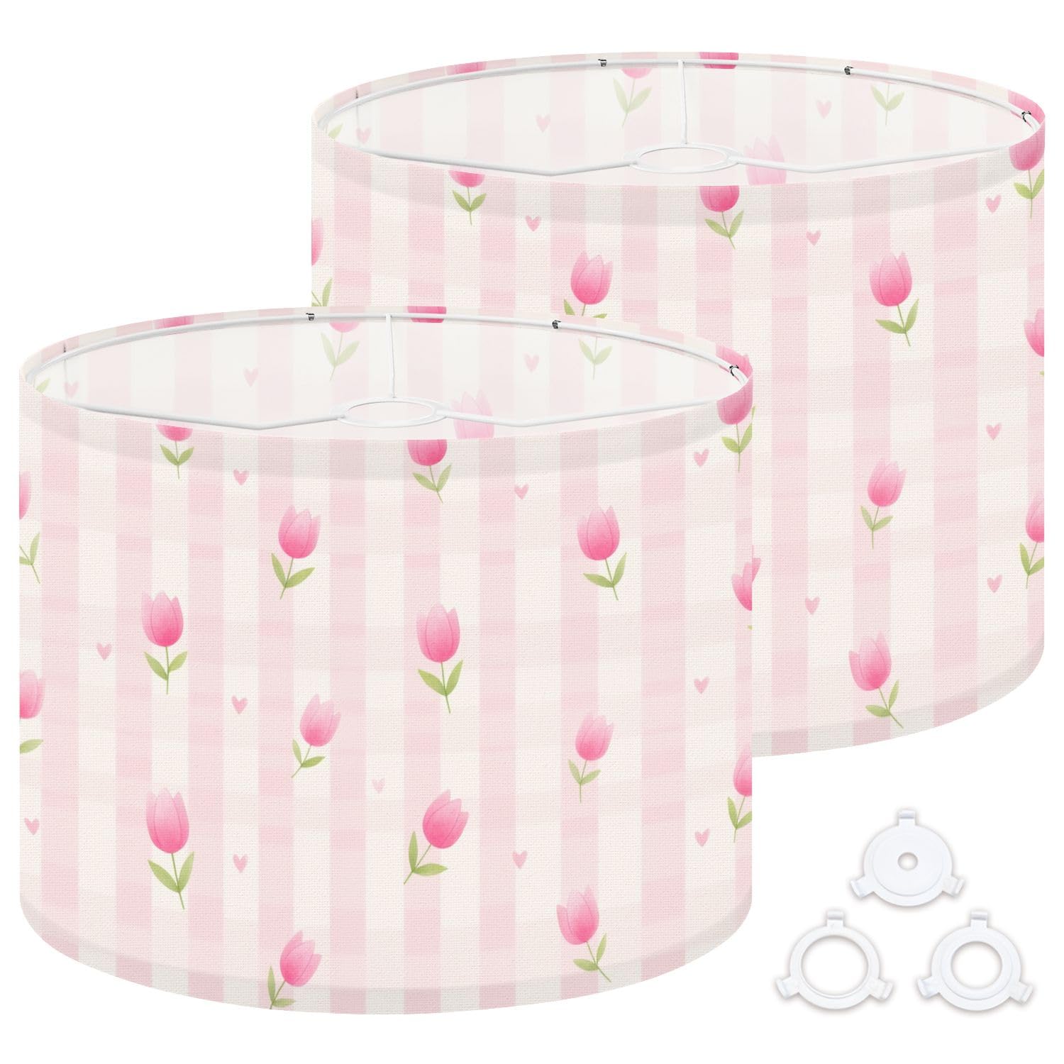 Fabric Round Drum Lamp Shade Pink Tulip Floral Hearts Soft Pink Plaid Vintage Medium Linen Decorative Assembly Replacement Lampshades 13inch Set of 2 for Table Lamps, Floor Lamps,Ceiling Lamp