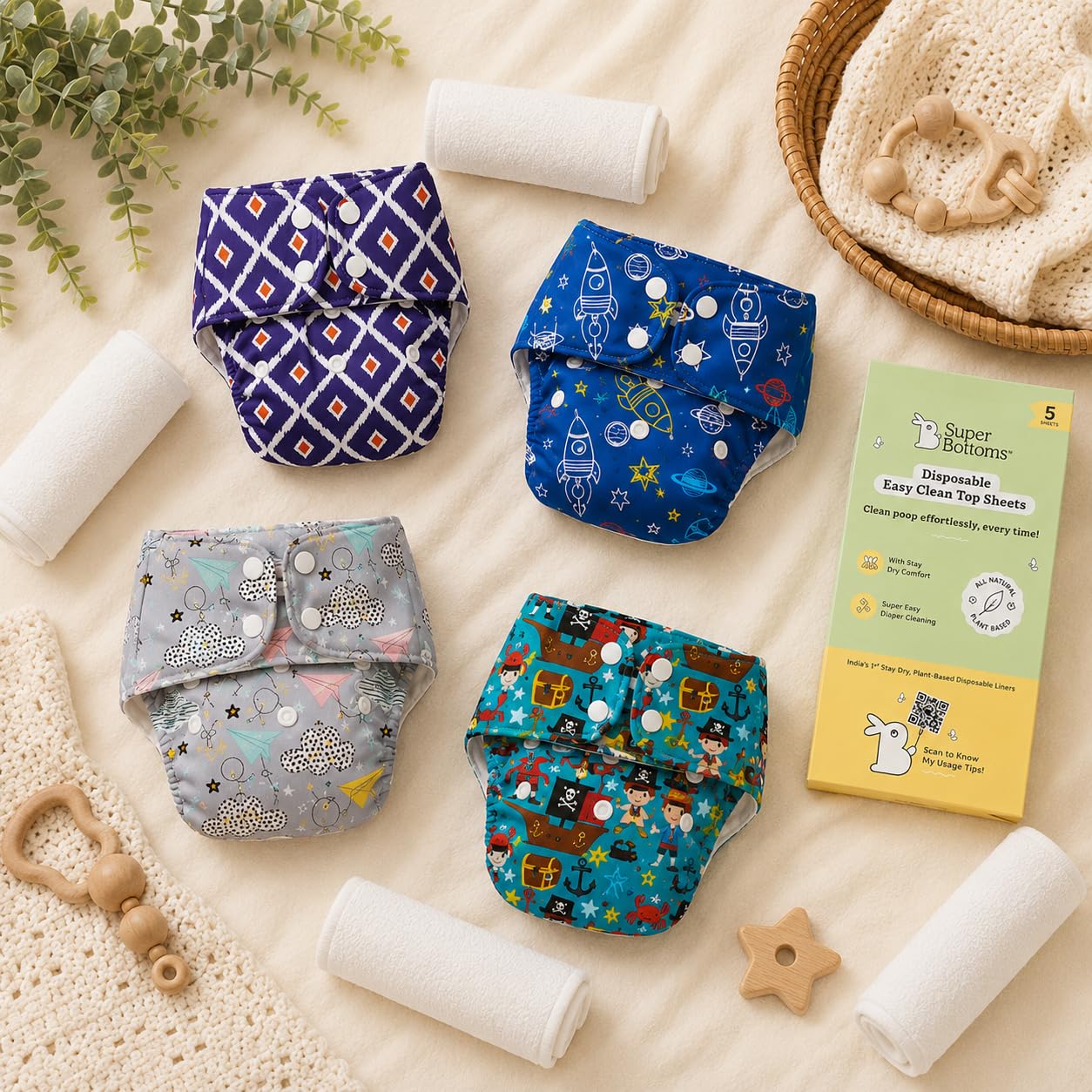 SuperBottoms BASIC Cloth Diaper Pack of 4 with 4 UltraThin Dry Pads & Disposable Liner Pack of 5 | Reusable & Washable | Adjustable Fit for Babies 3m–3y-image-19