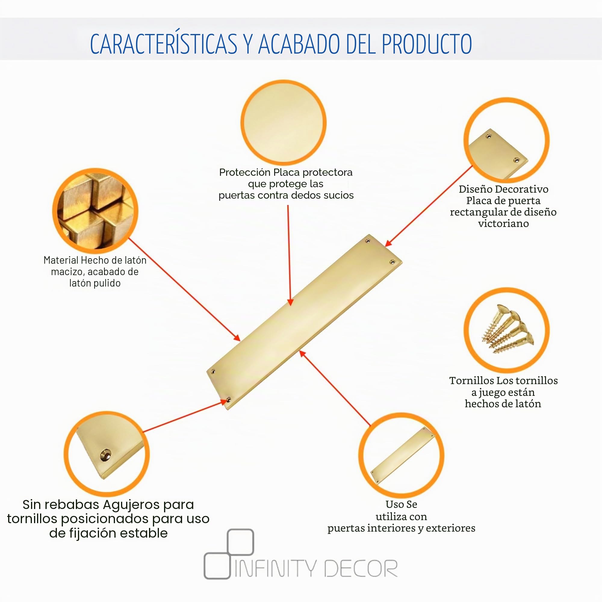 Protector de placa de empuje para puerta interior victoriano, 275 mm x 60 mm, latón macizo, 28 cm