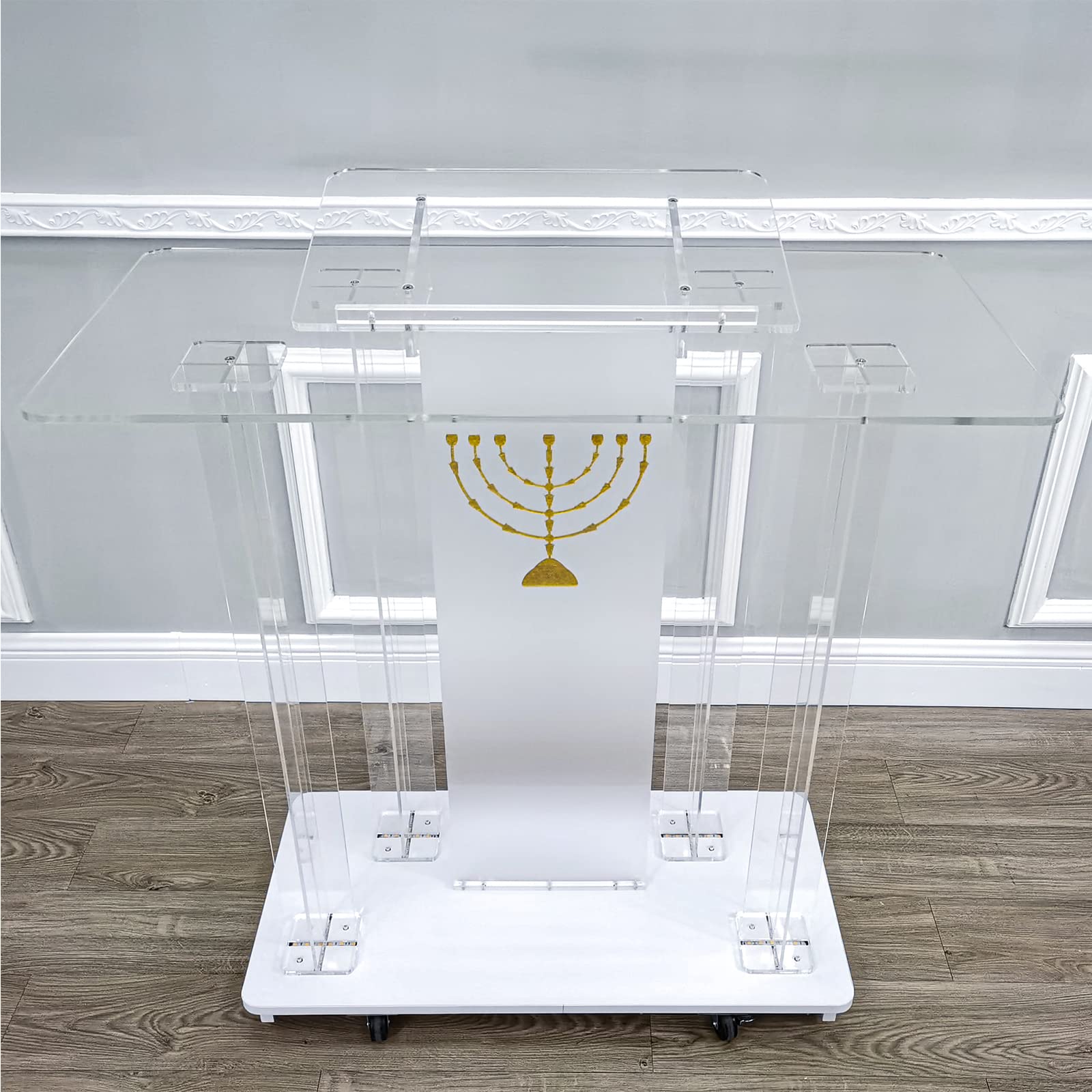 Clear Acrylic Rolling Podium Floor Podium with Light Podium Pulpit,Plexiglass Podium Pulpit,Elevated Reading Surface, for Conference Room Church Company Transparent